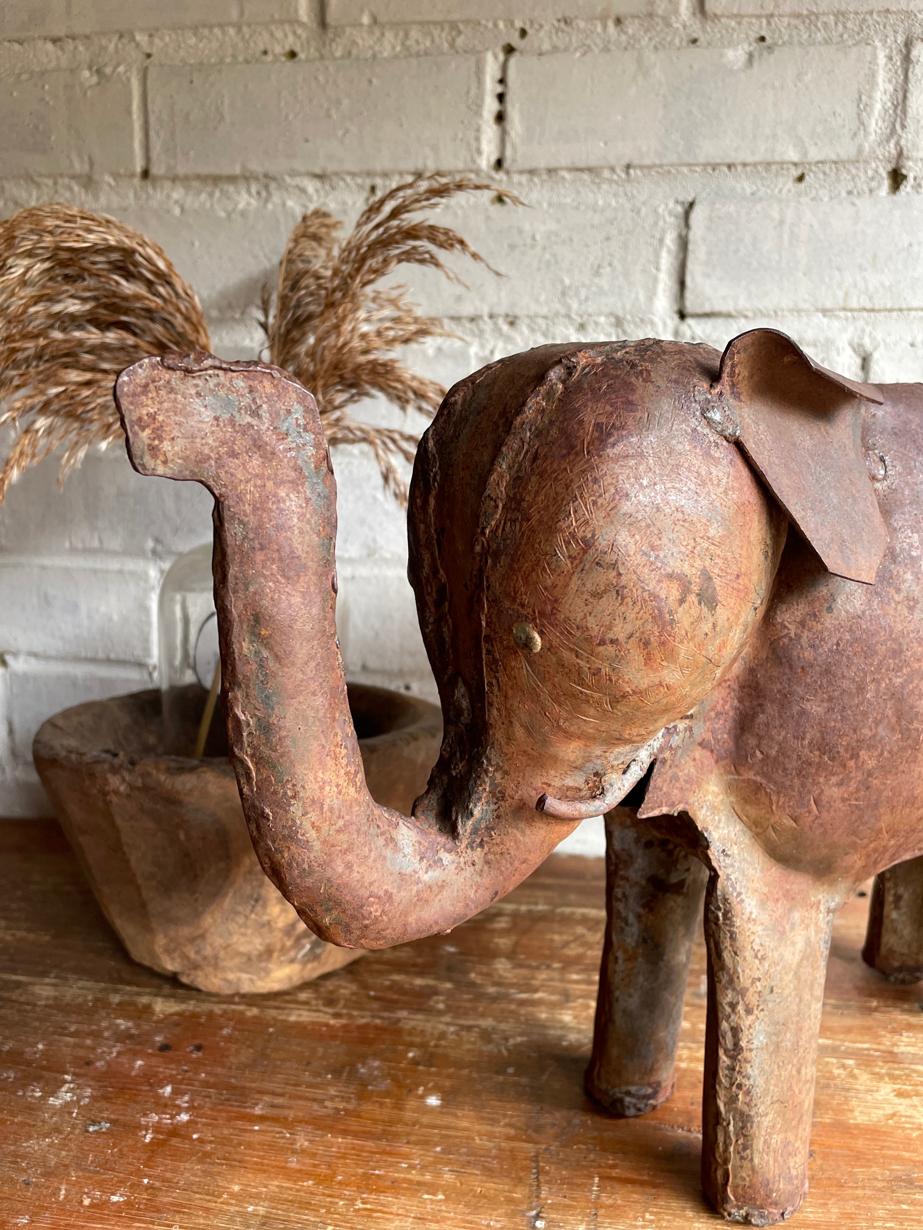 Naive Style Hammered Iron Elephant Sculpture