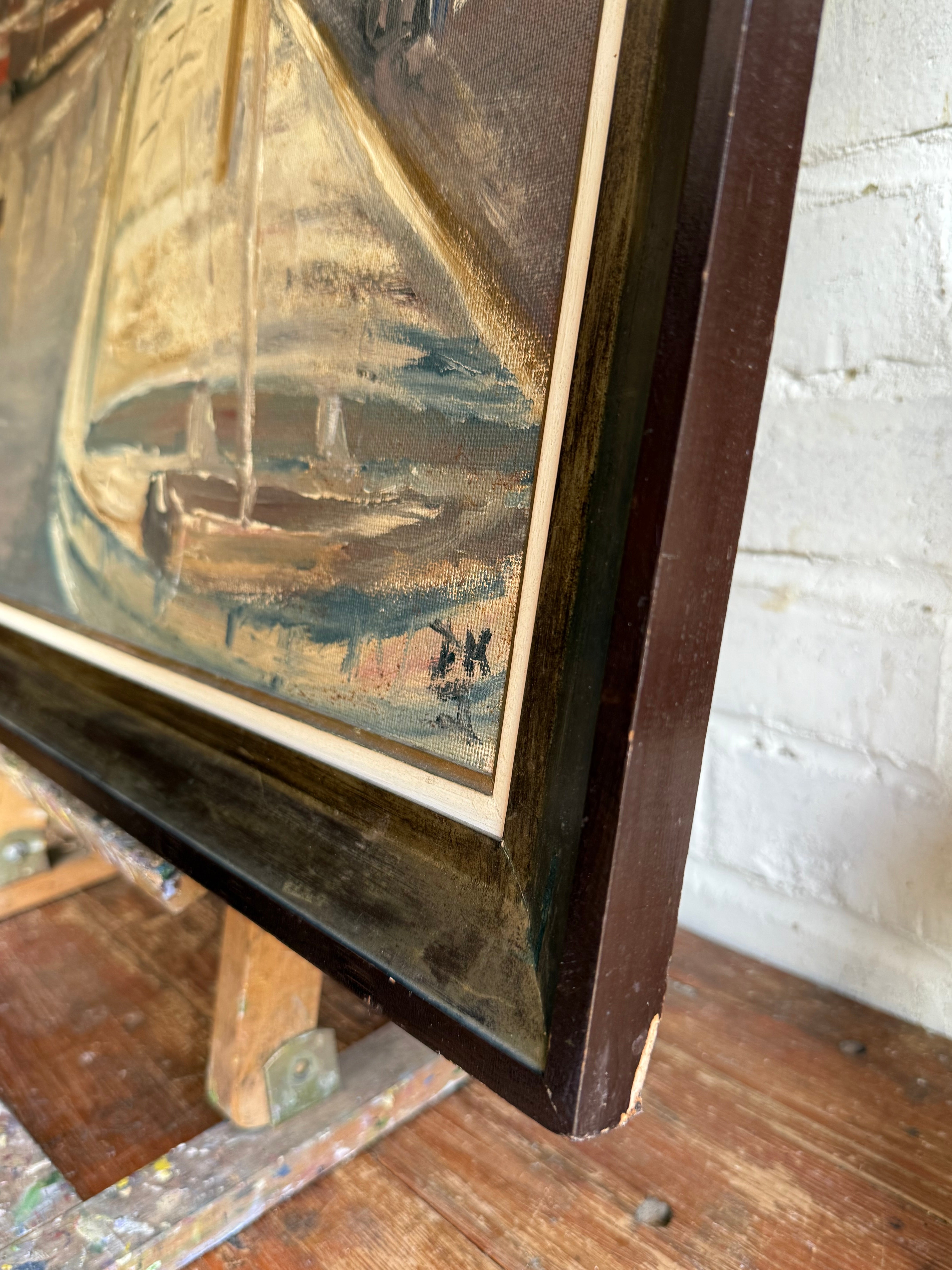 Flemish Canalscape: Large Midcentury Oil Painting