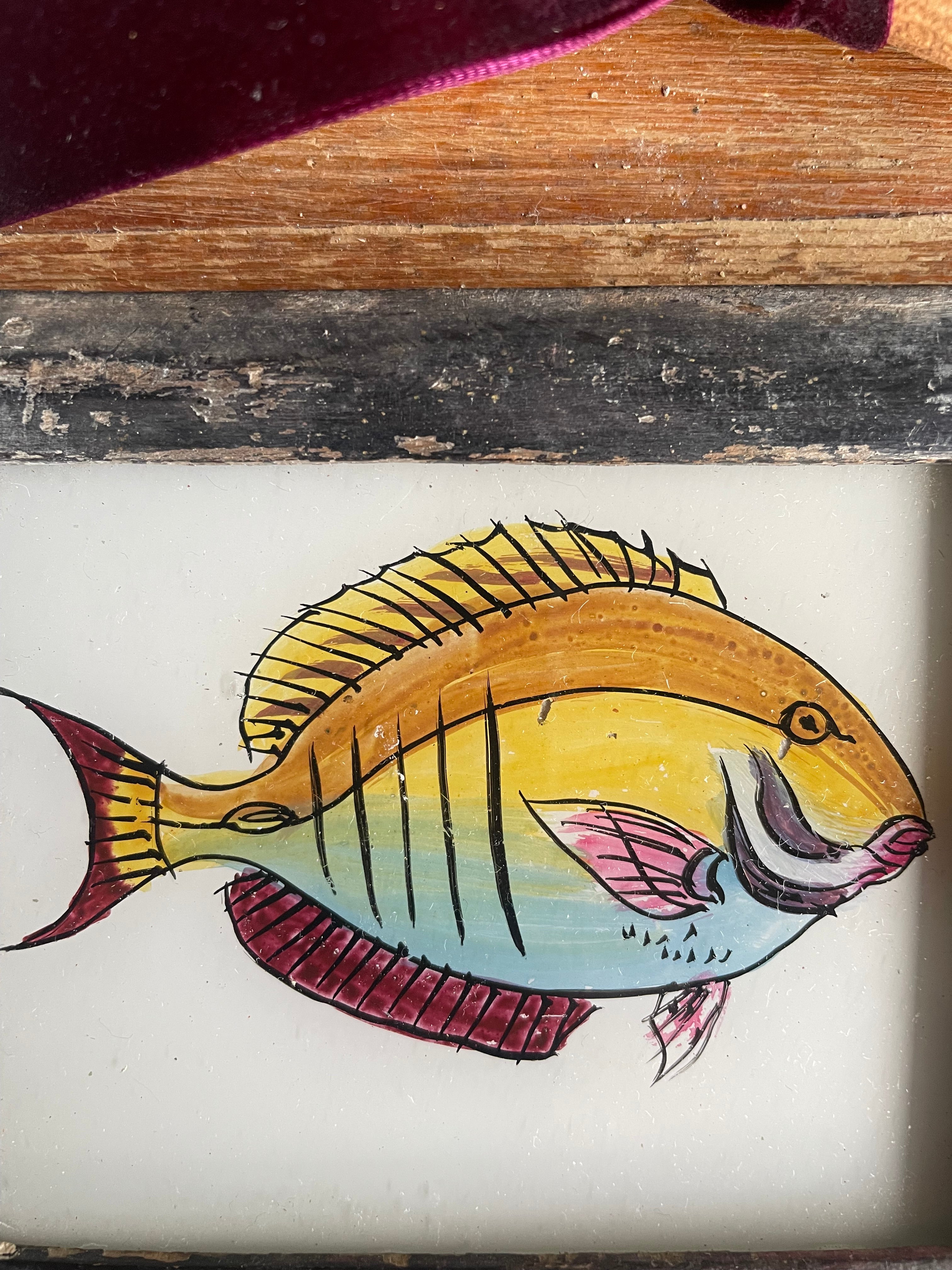 Mini Indian Reverse Glass Painting with Vintage Frame: Fish