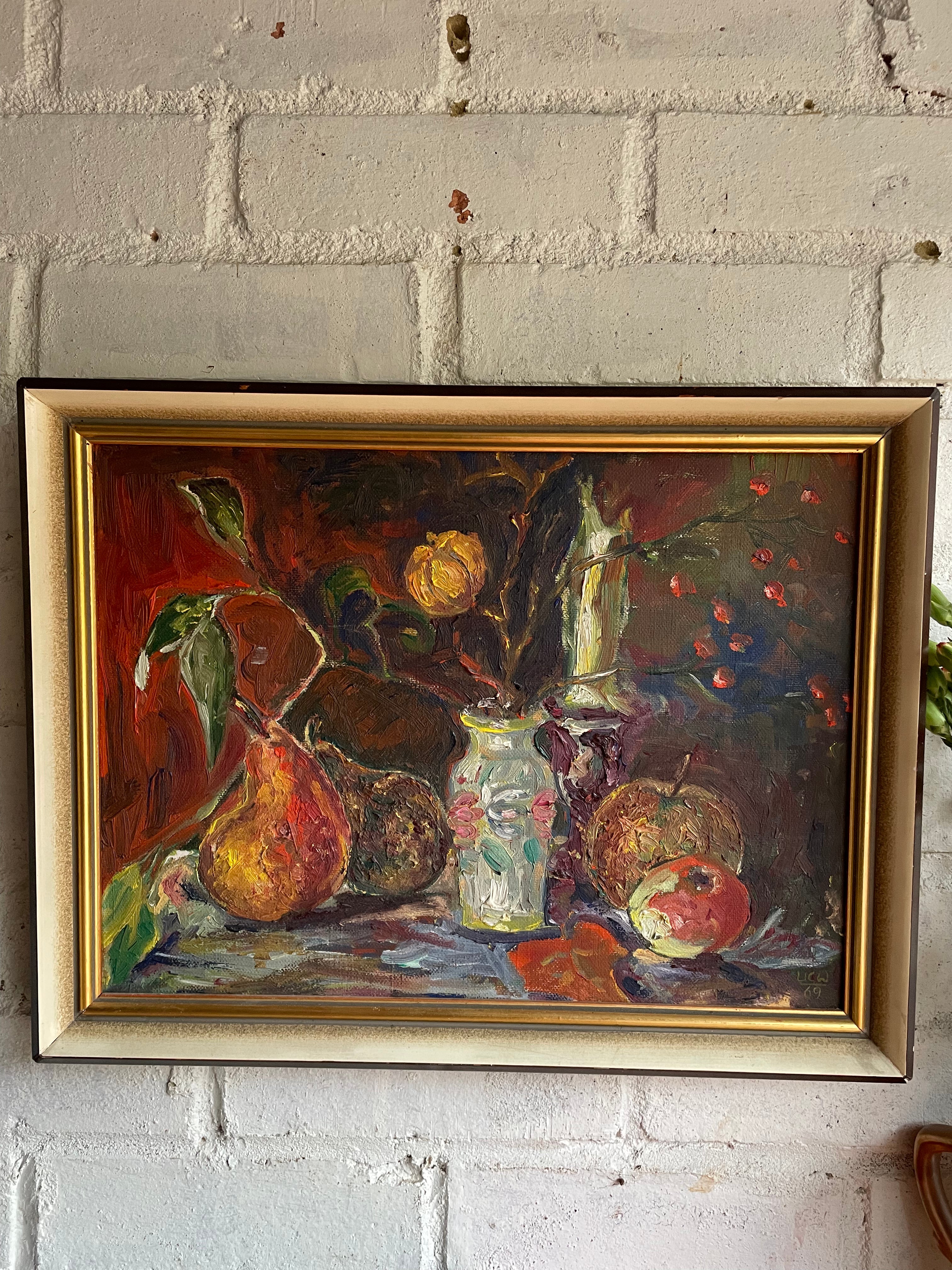 Floral & Fruit Still Life:  Signed & Dated Oil on Board