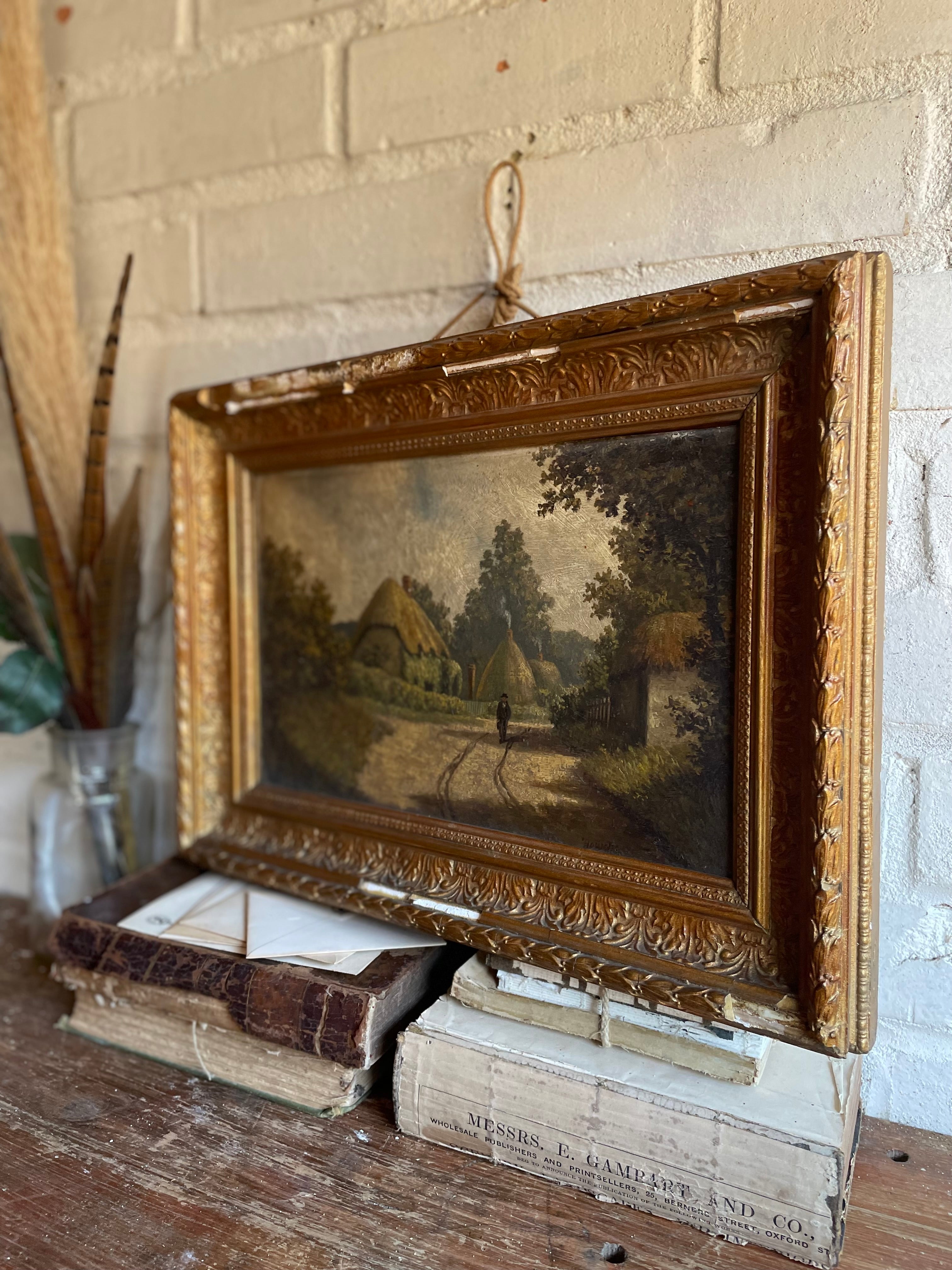 Thatched Cottages: 19th Century Oil on Board