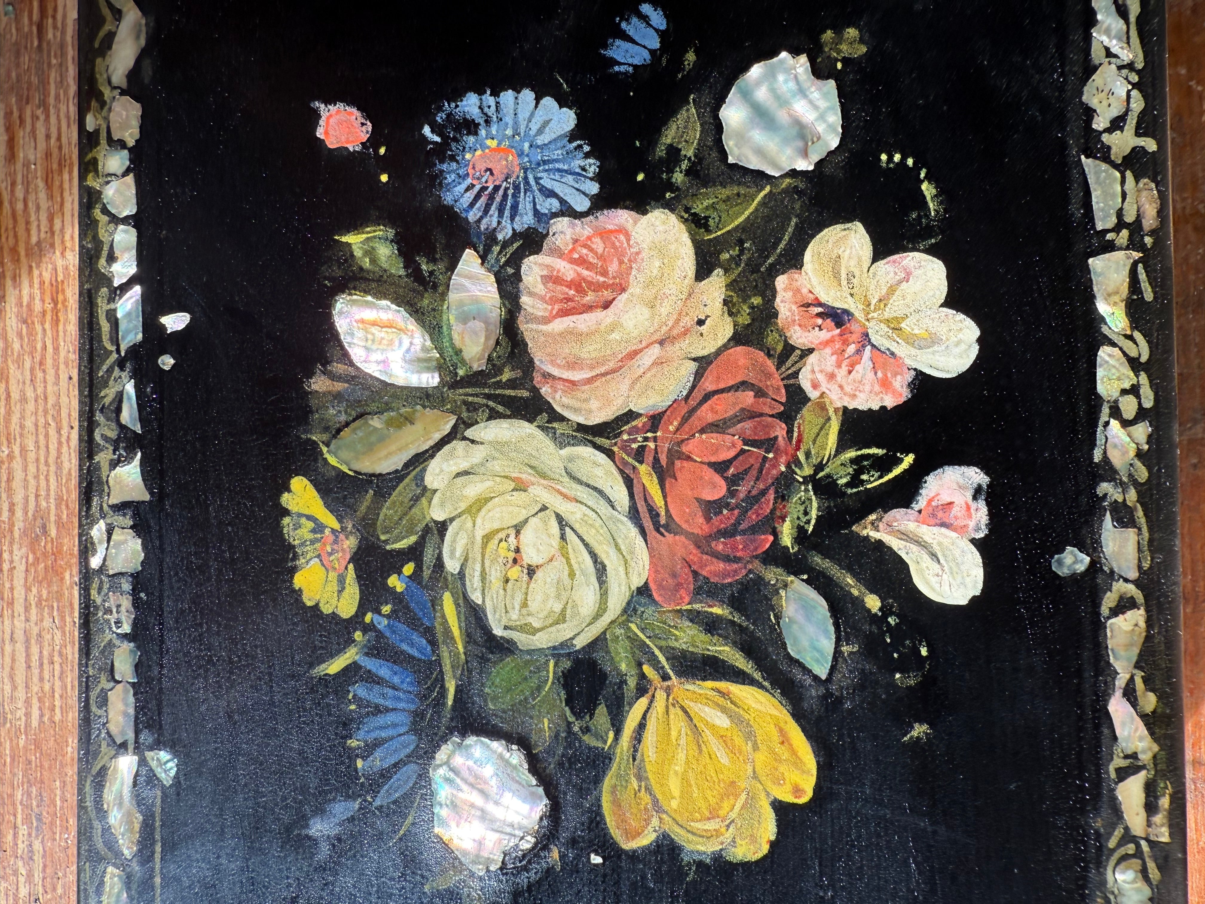 19th Century Hand-Painted Laquered Jewellery Box with Mother of Pearl Inlay