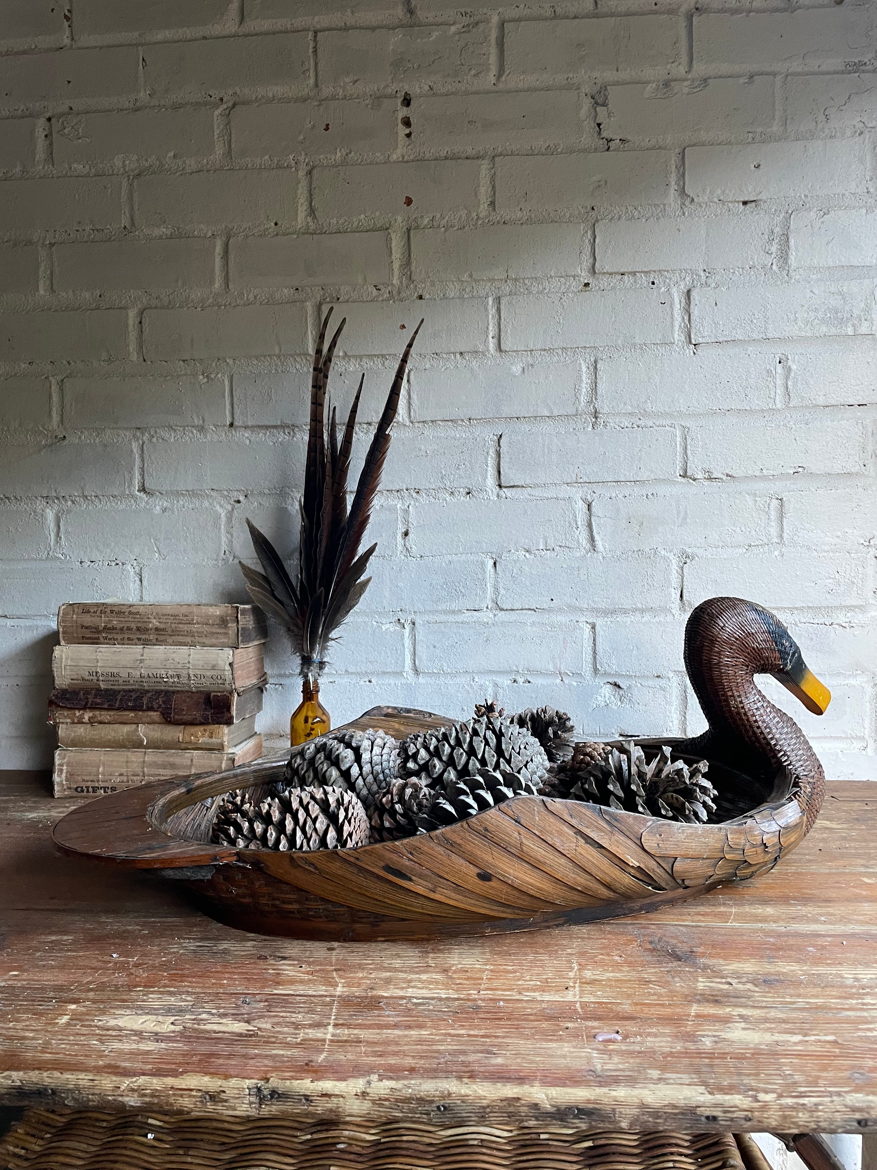 Duck-Shaped Wooden and Rattan Tray