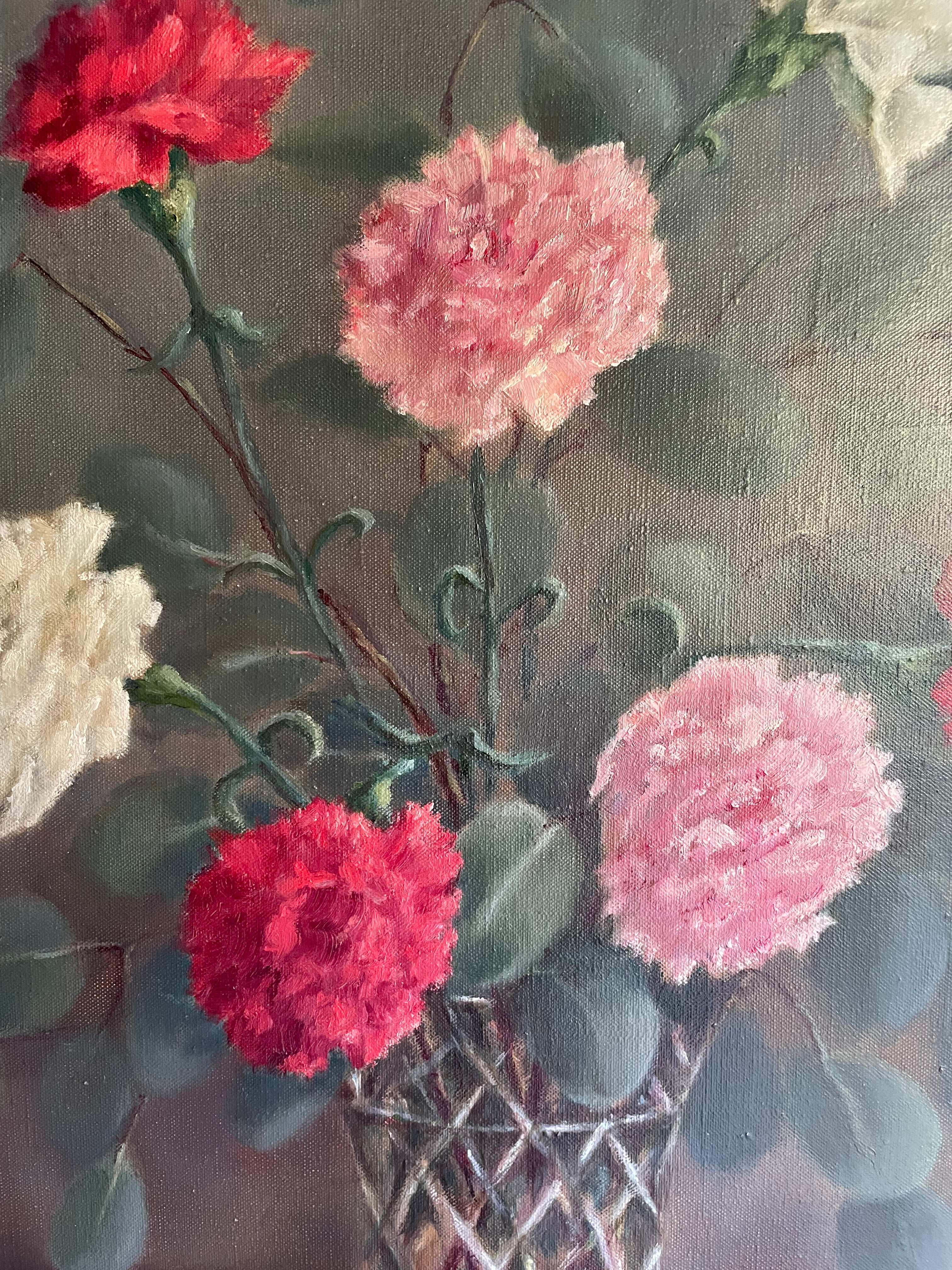 Signed Midcentury Floral Oil on Canvas in Reds & Pinks: Was £105 now £73.50 at checkout