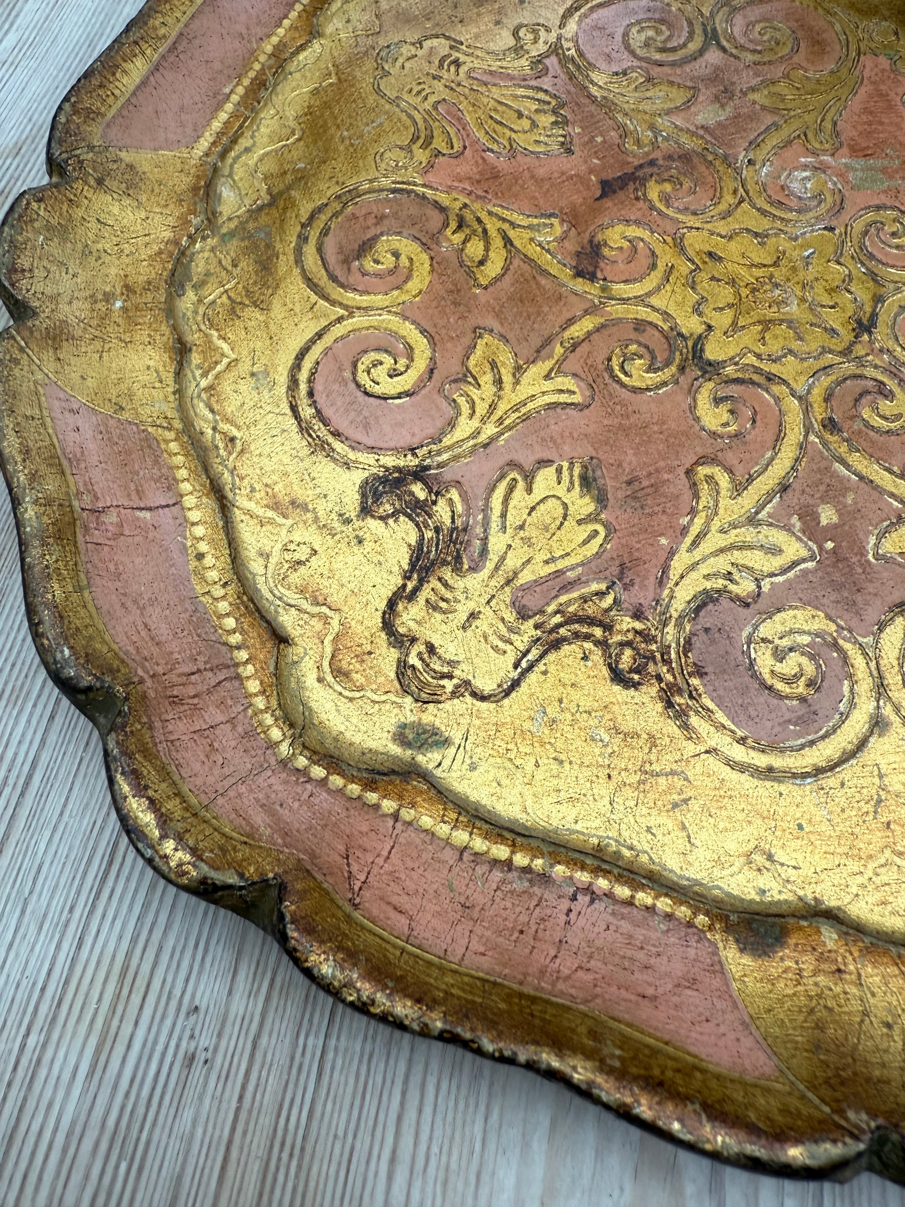 Small Pink Florentine Vintage Wood Gilt Tray