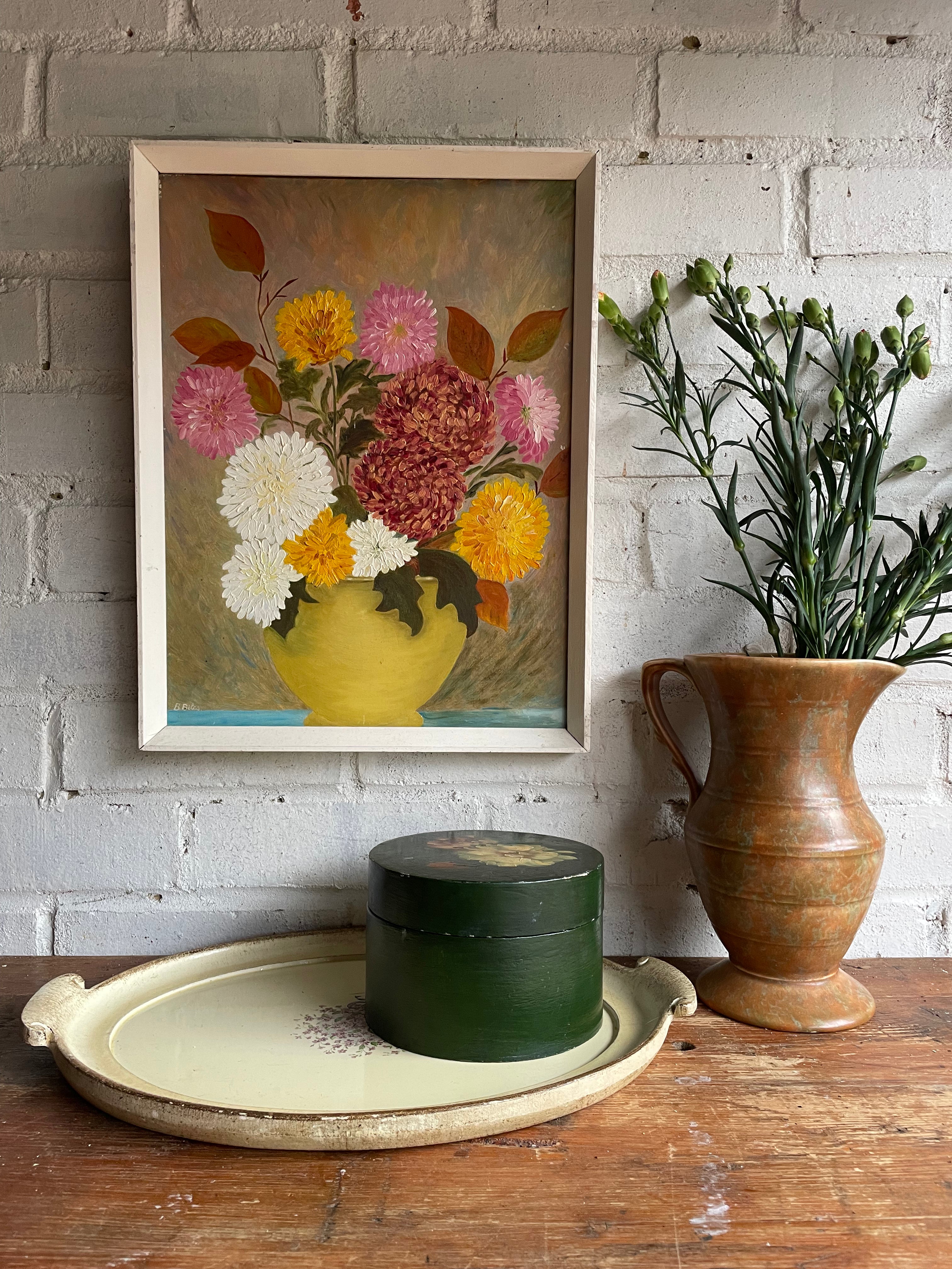 Dahlias: Signed Vintage Oil on Board