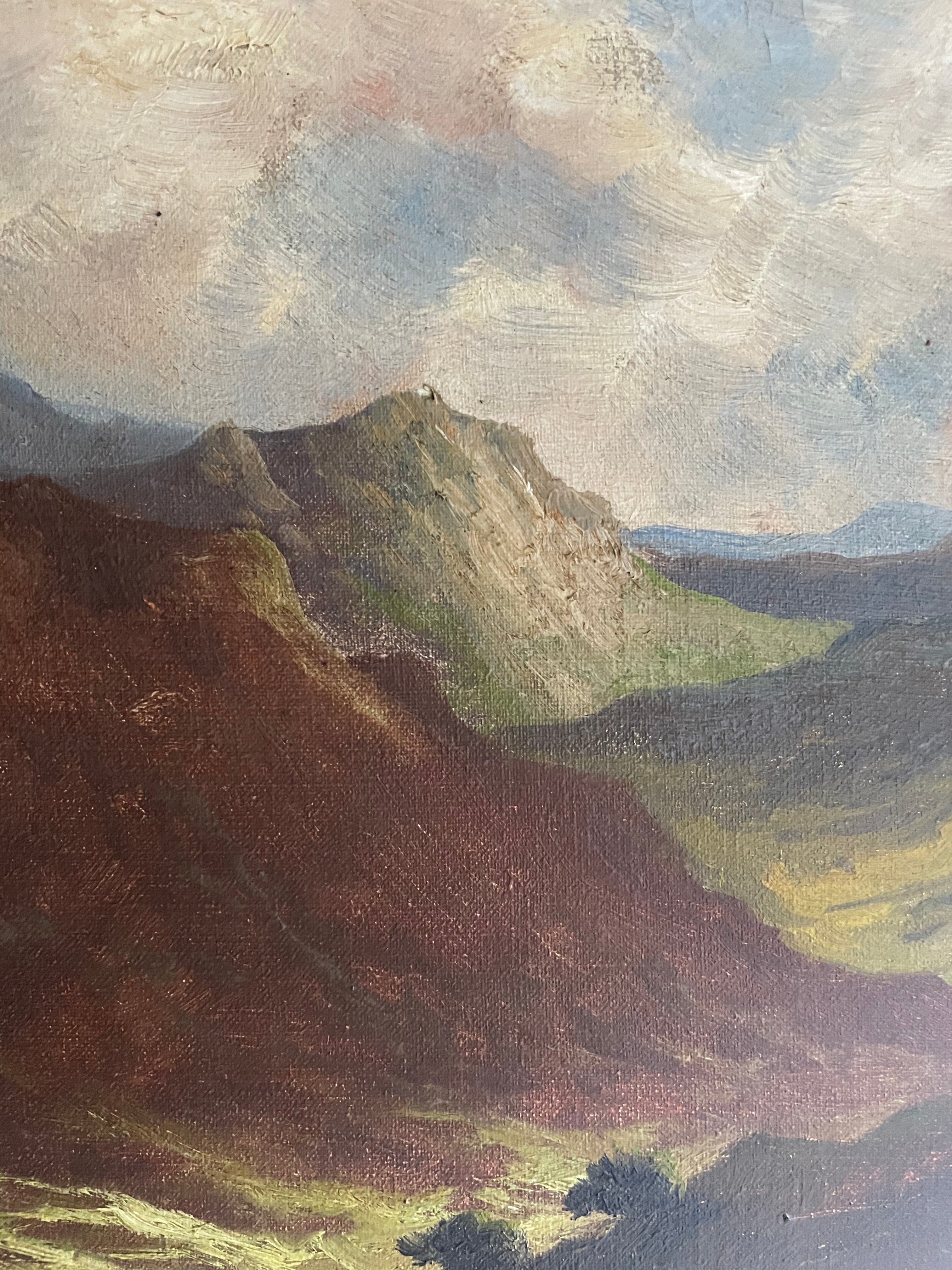 Large Signed Turn of the Century Scottish Landscape Oil on Canvas : “Mountains & Sheep”