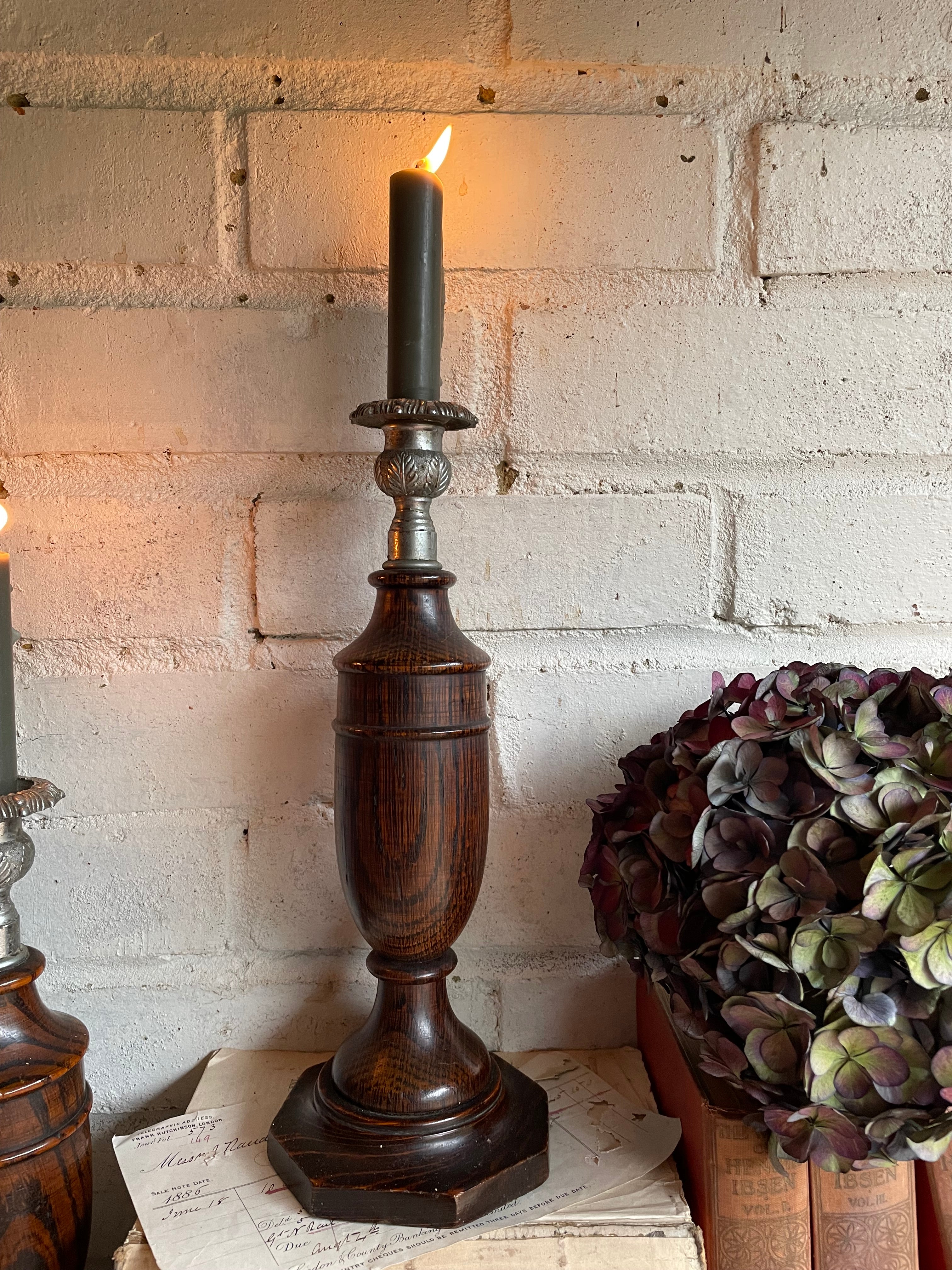 Early 1900s Oak & Silver Plate Wooden Candlesticks. Were £50 now £32.50 at checkout