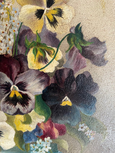 Floral Still Life of Pansies: Antique Oil on Board
