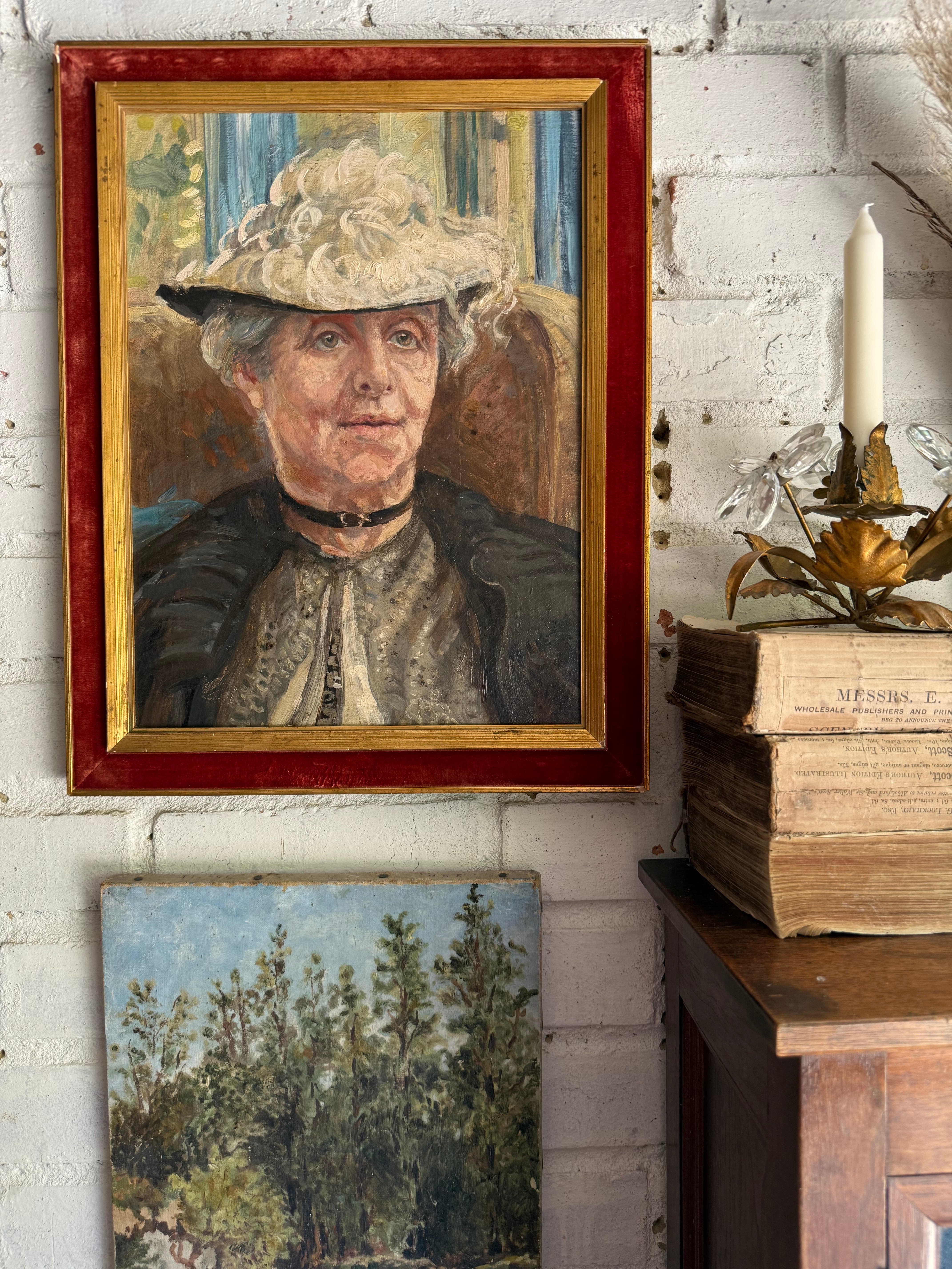 The Lace Hat: Early 20th Century Oil on Canvas with Red Velvet Frame