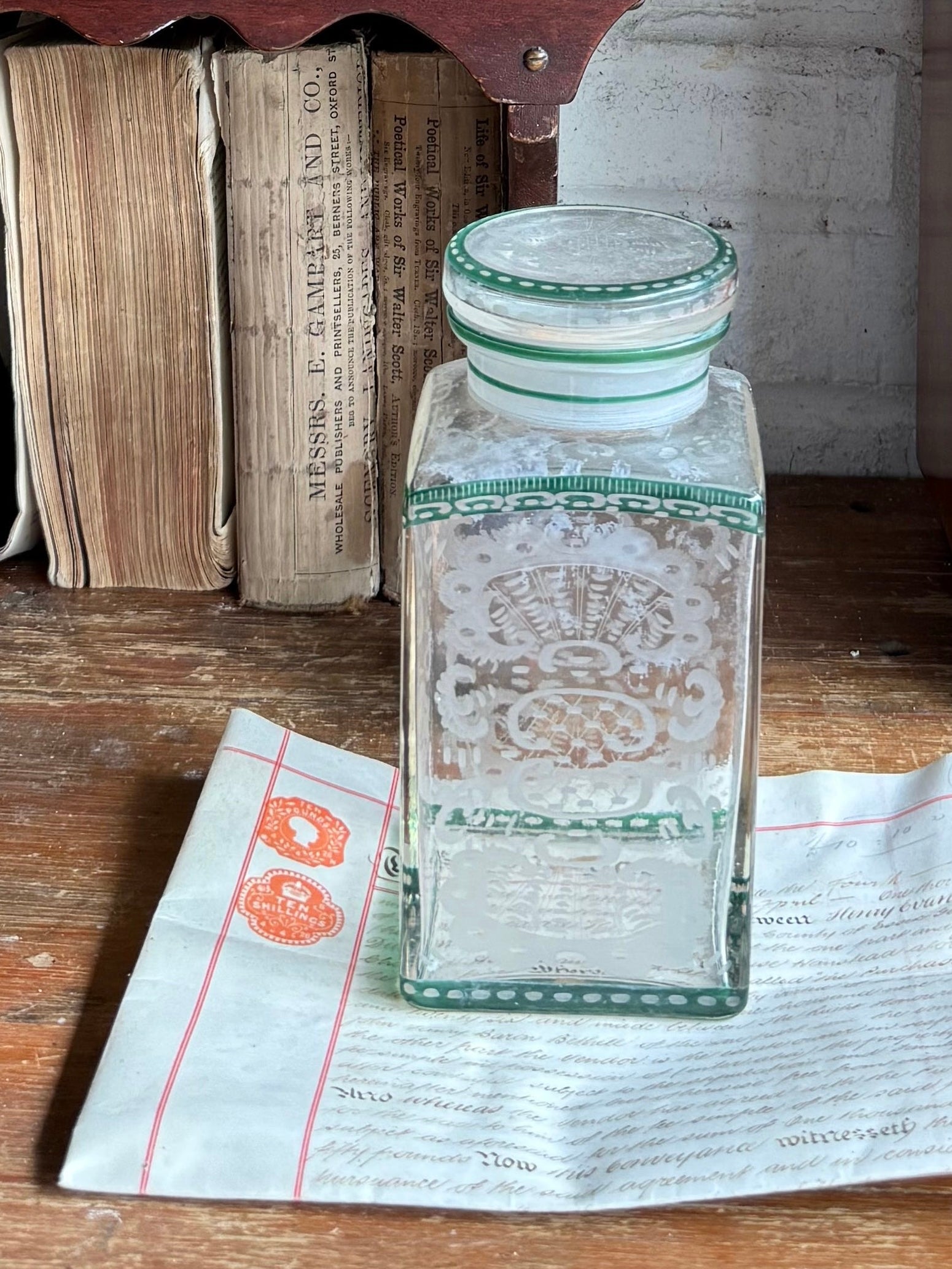 Victorian Etched & Enamelled Glass Bathroom Jar with Lid
