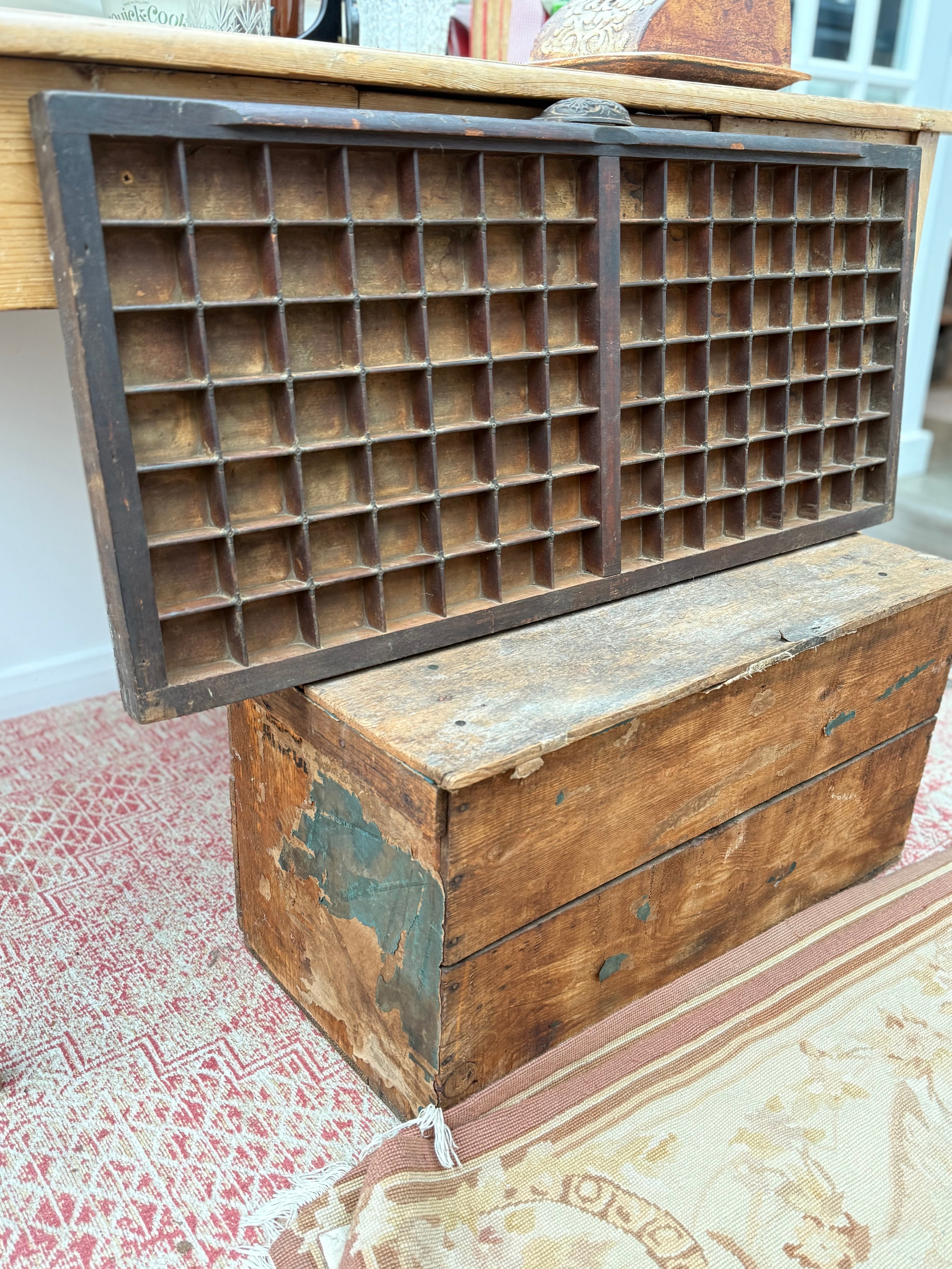 Large Vintage Printers Tray Drawer with Original Iron Decorative Handle