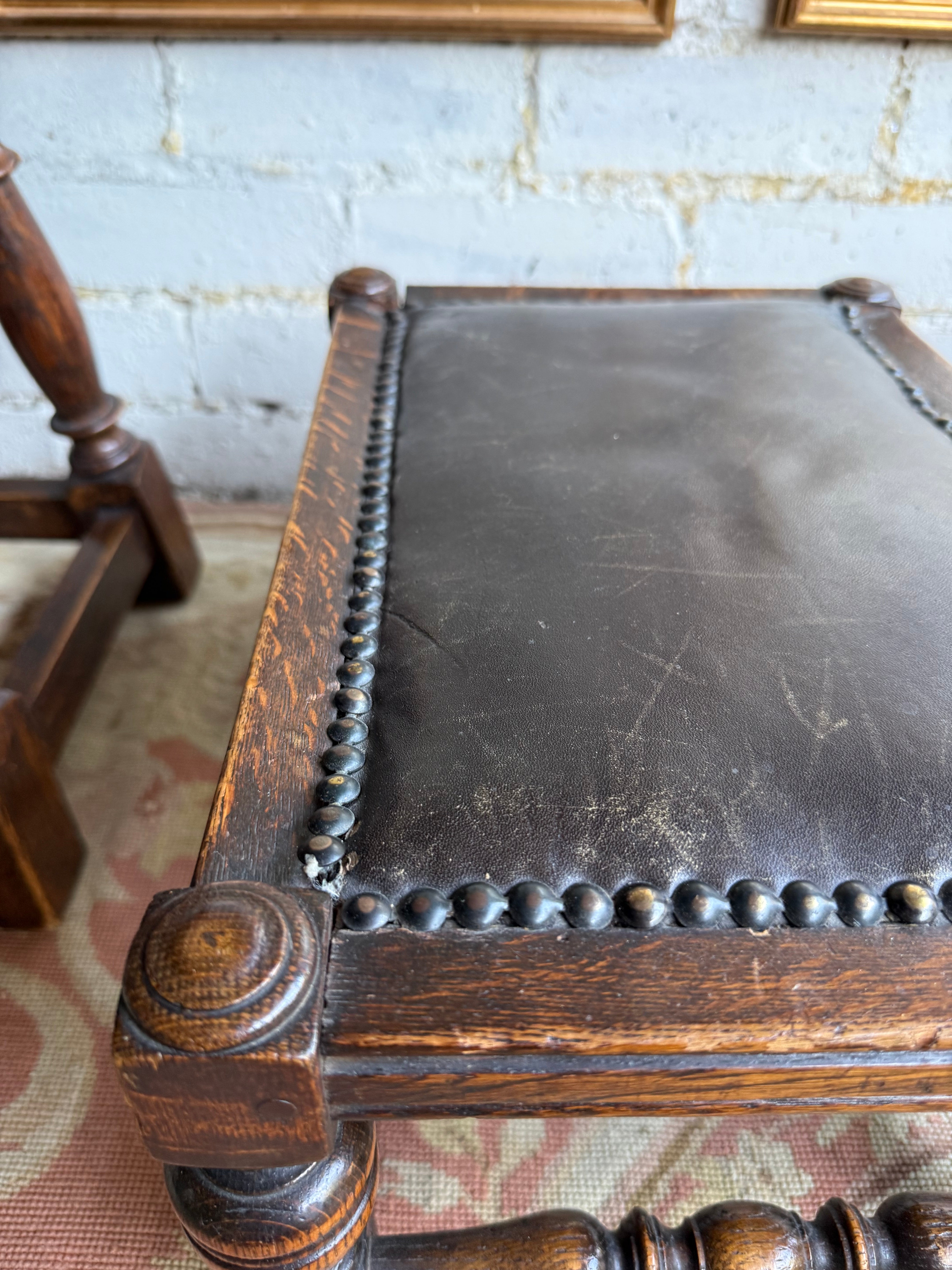 Early 1900s Edwardian Footstool with Studded Leather Seat