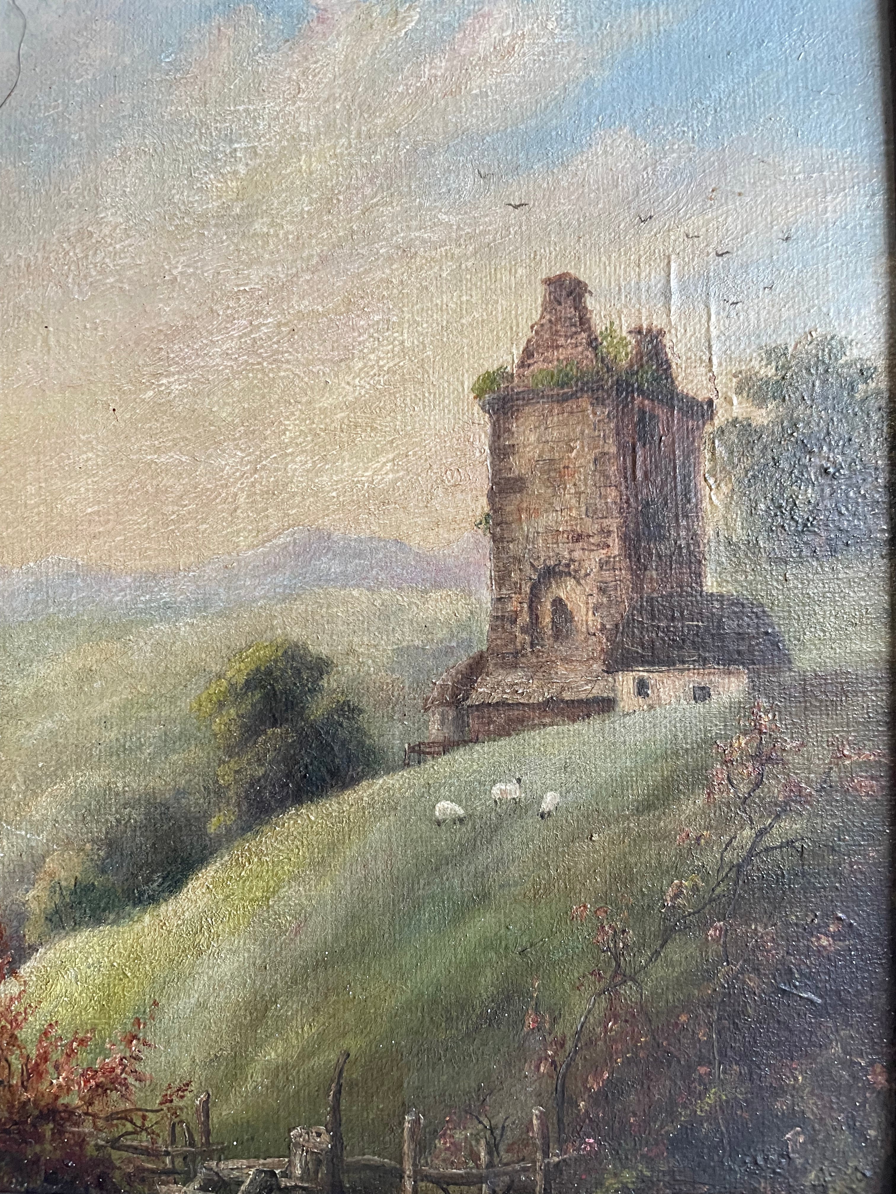 Sheep on a Hill : Small 19th Century Oil on Canvas