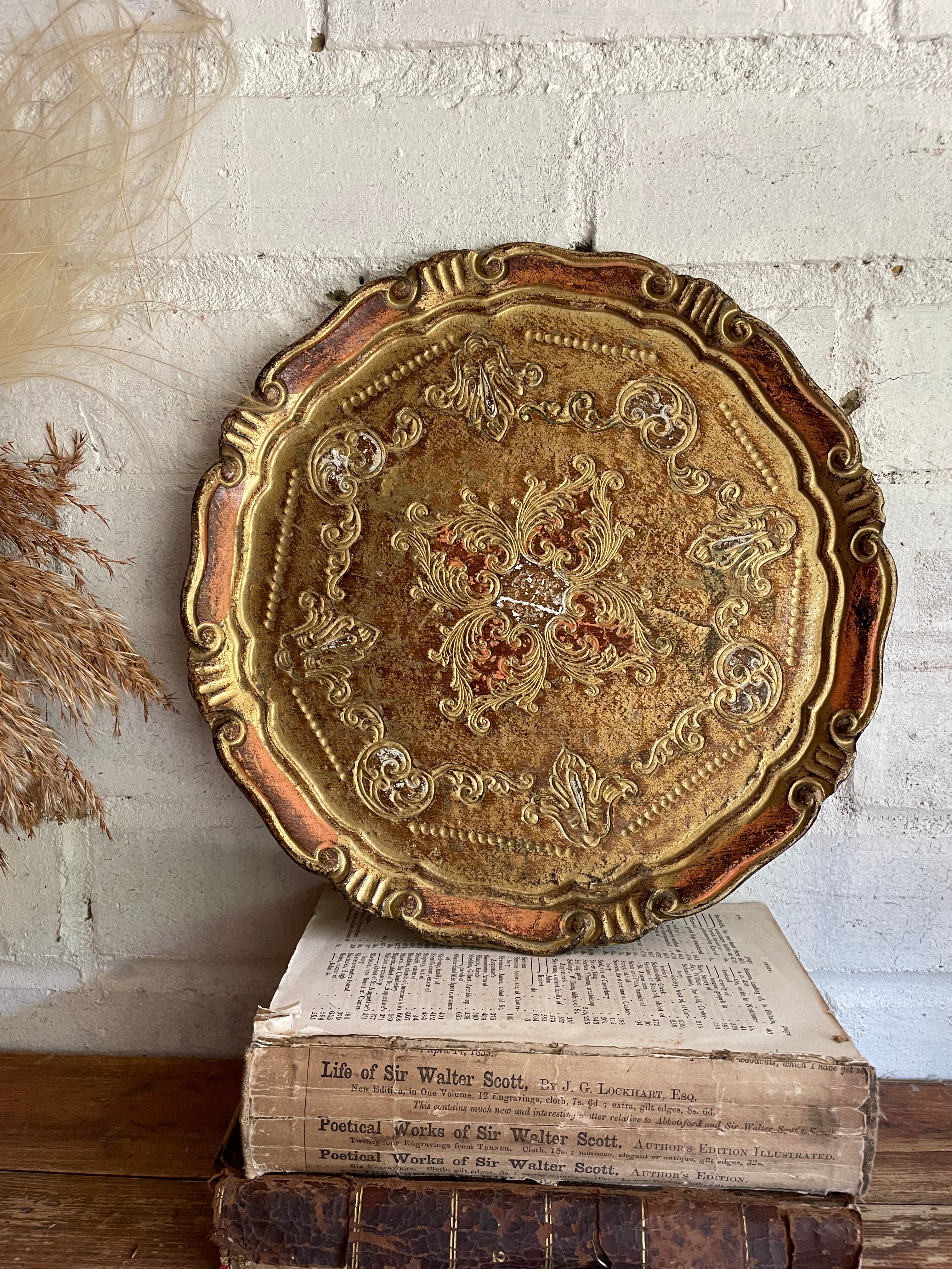Round Gold Florentine Tray with orange hues