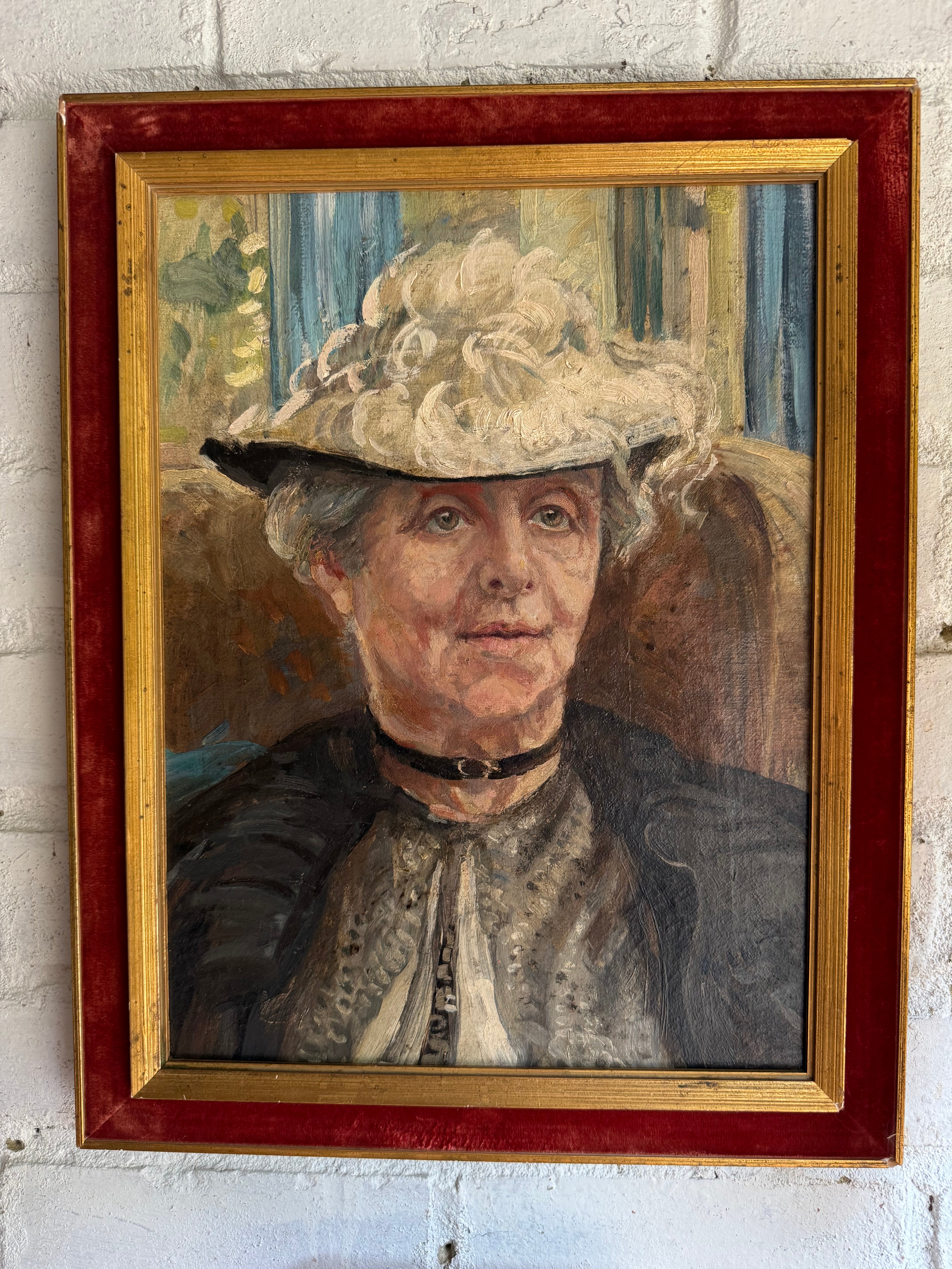 The Lace Hat: Early 20th Century Oil on Canvas with Red Velvet Frame