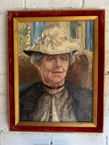 The Lace Hat: Early 20th Century Oil on Canvas with Red Velvet Frame