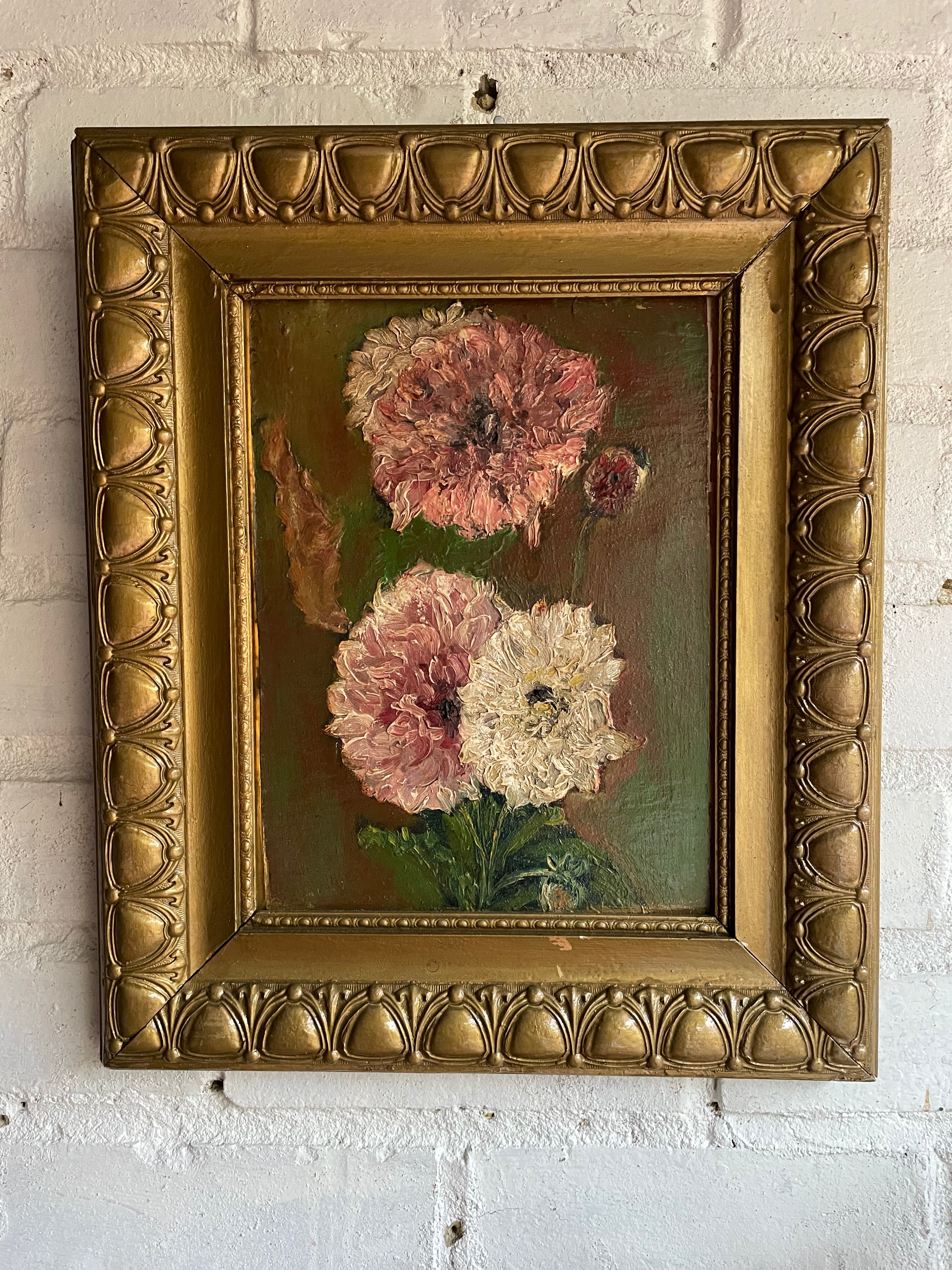 Peonies: Antique Oil on Board with Egg & Dart Frame