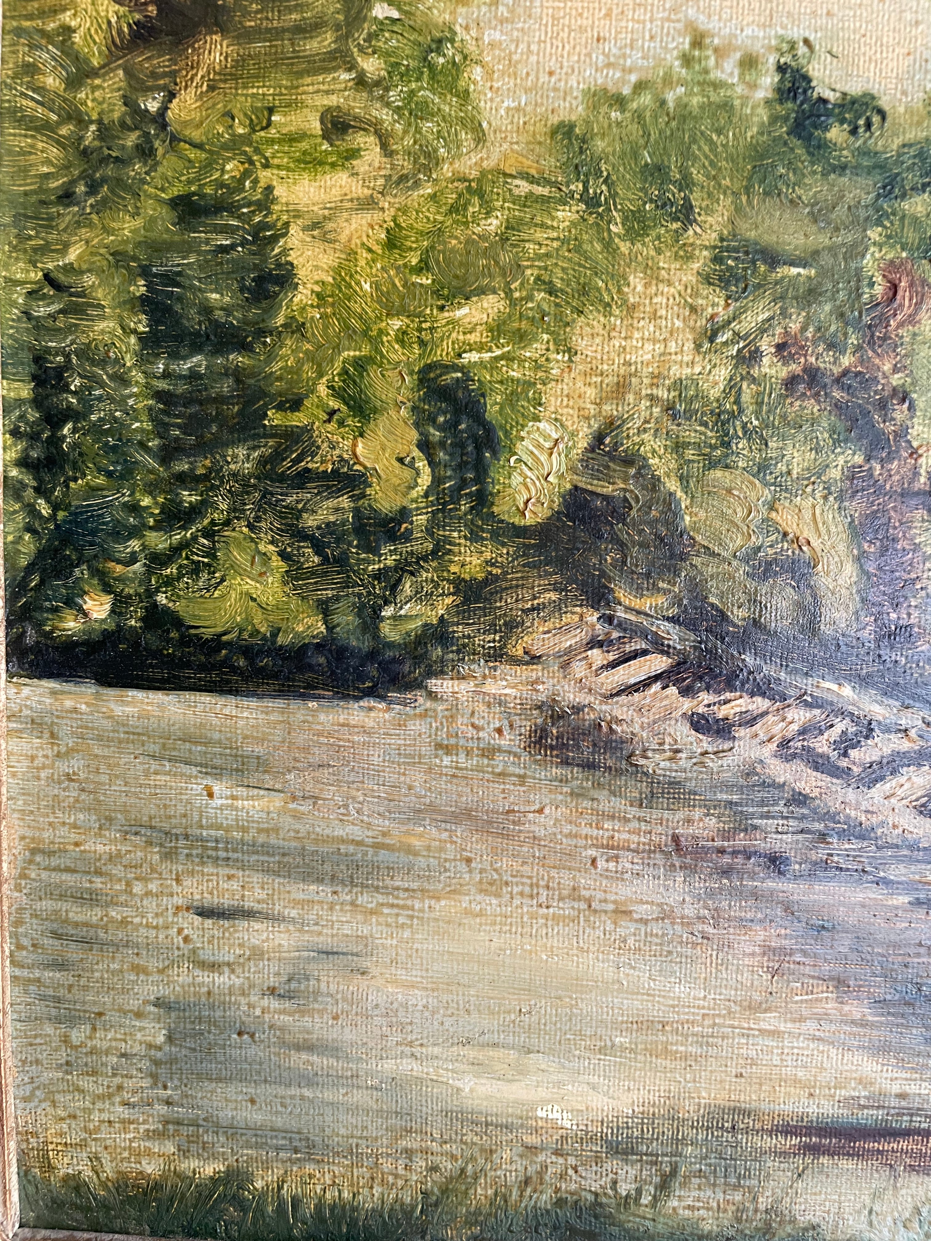 Steps to the River: Mid-20th Century Oil on Board with Gilt Frame