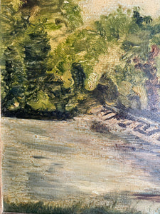 Steps to the River: Mid-20th Century Oil on Board with Gilt Frame