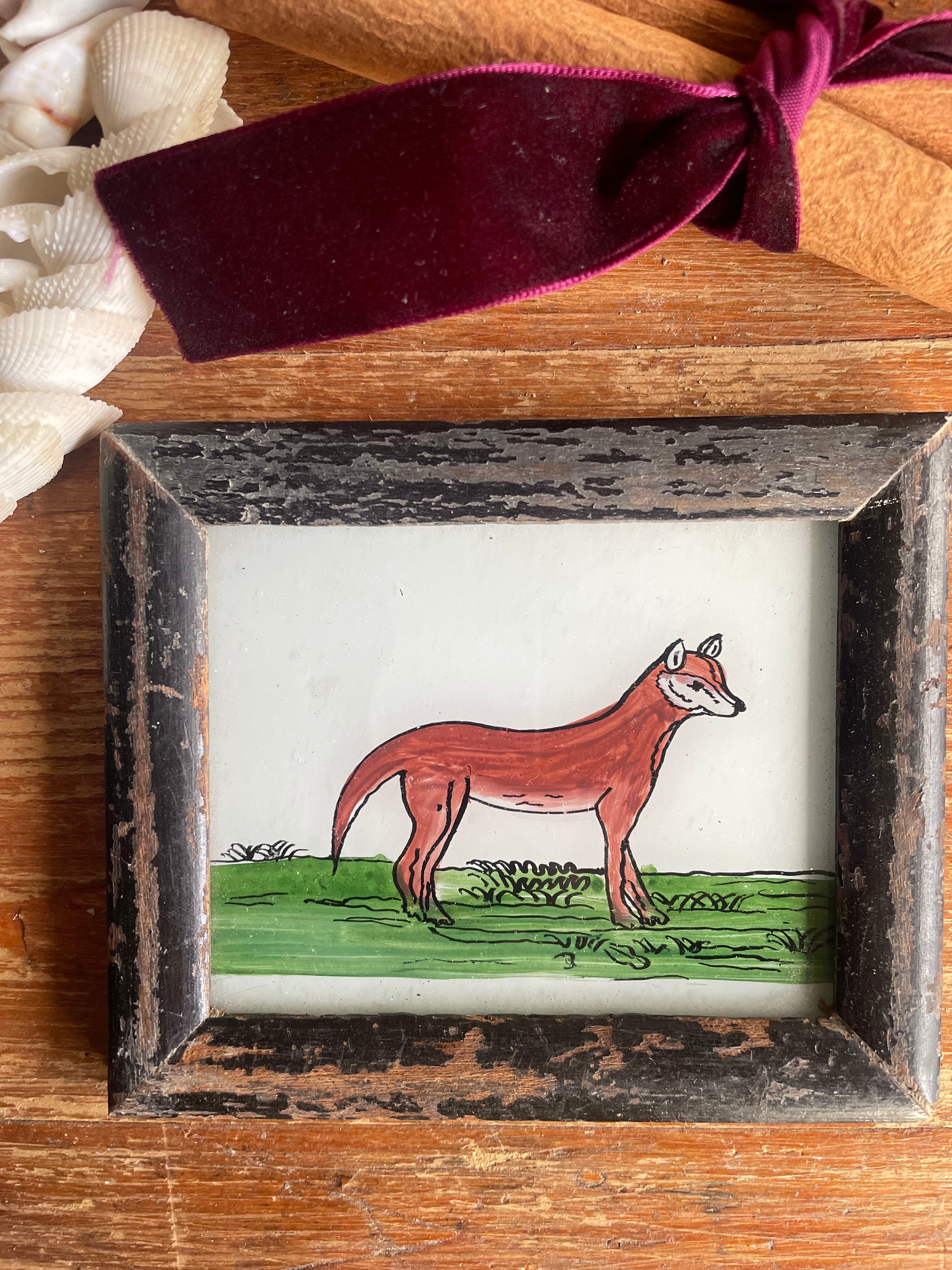 Mini Indian Reverse Glass Painting with Vintage Frame: Fox