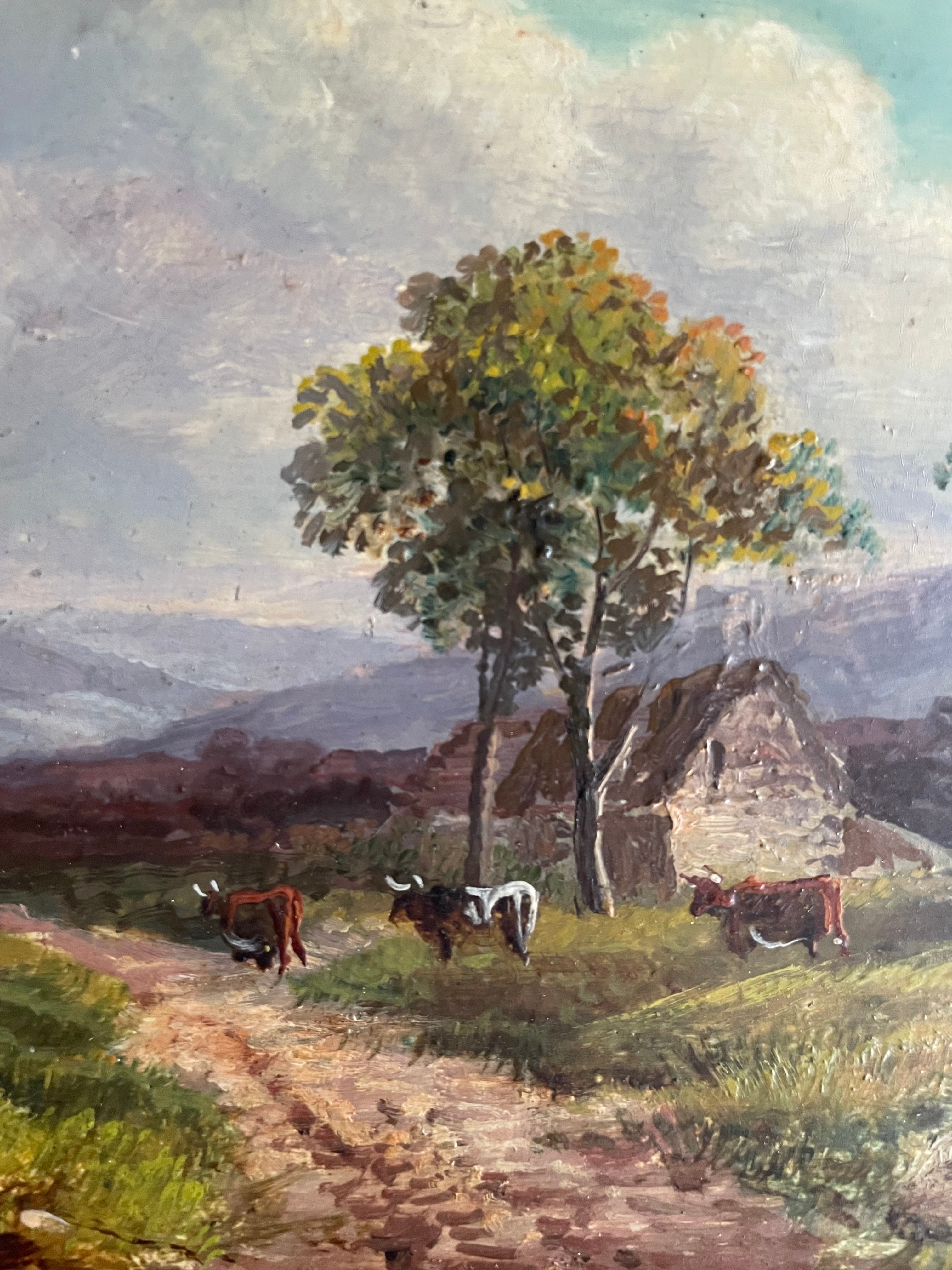 Rural Landscape with Cows Grazing: 19th Century Signed Oil on Wood with Gilt Frame