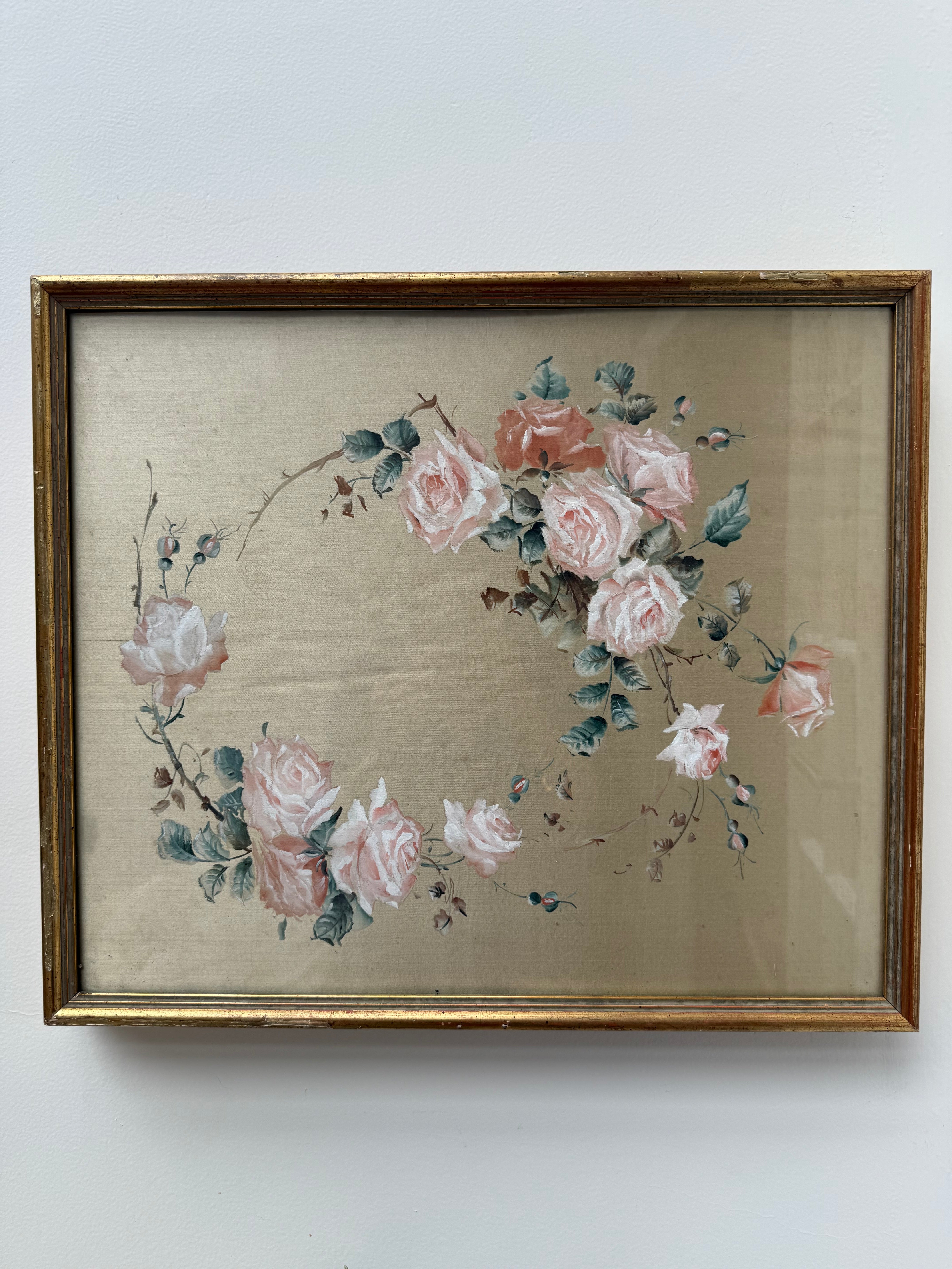Roses: 19th Century Silk Painting with Gilt Frame