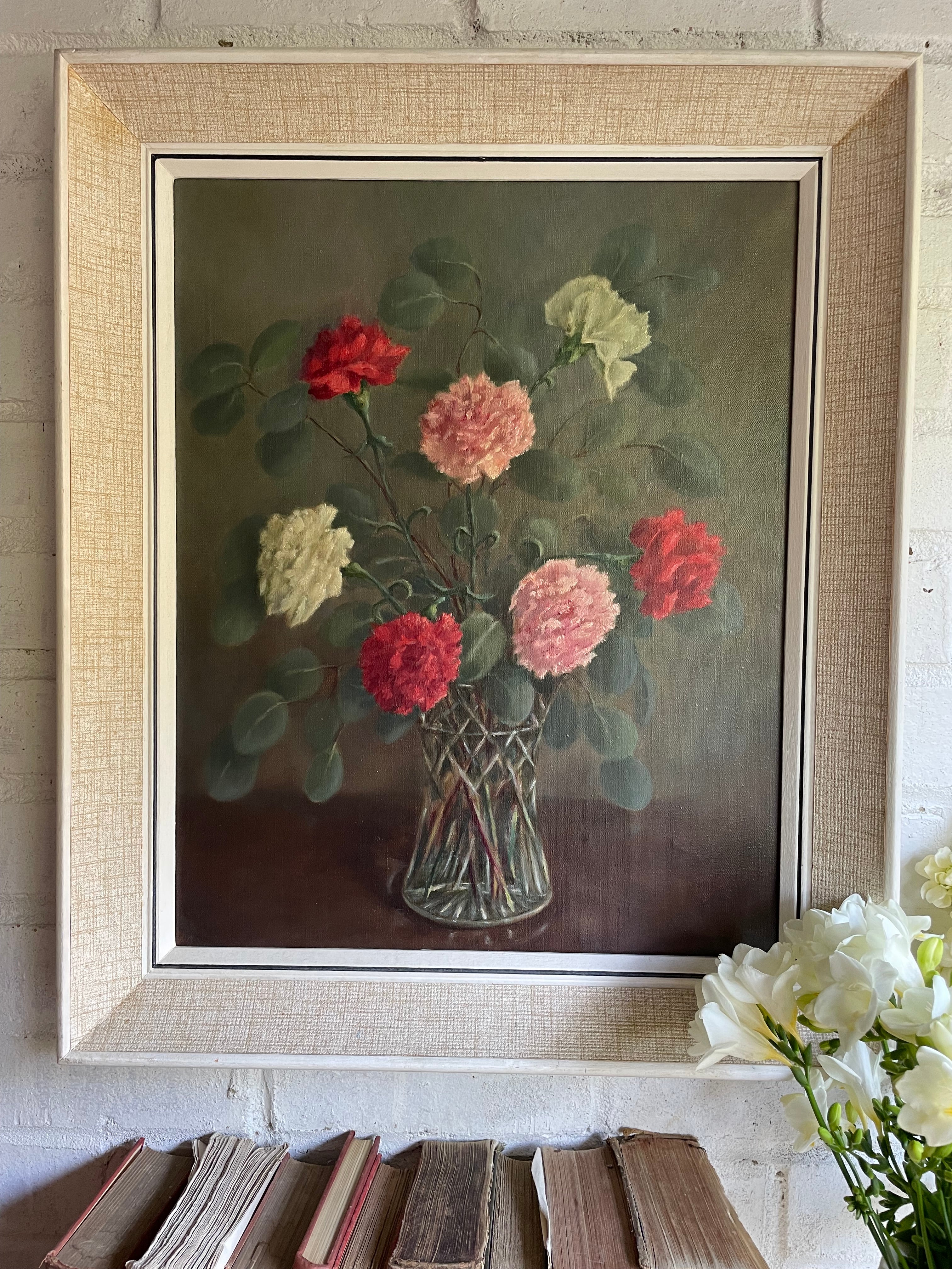 Signed Midcentury Floral Oil on Canvas in Reds & Pinks: Was £105 now £73.50 at checkout