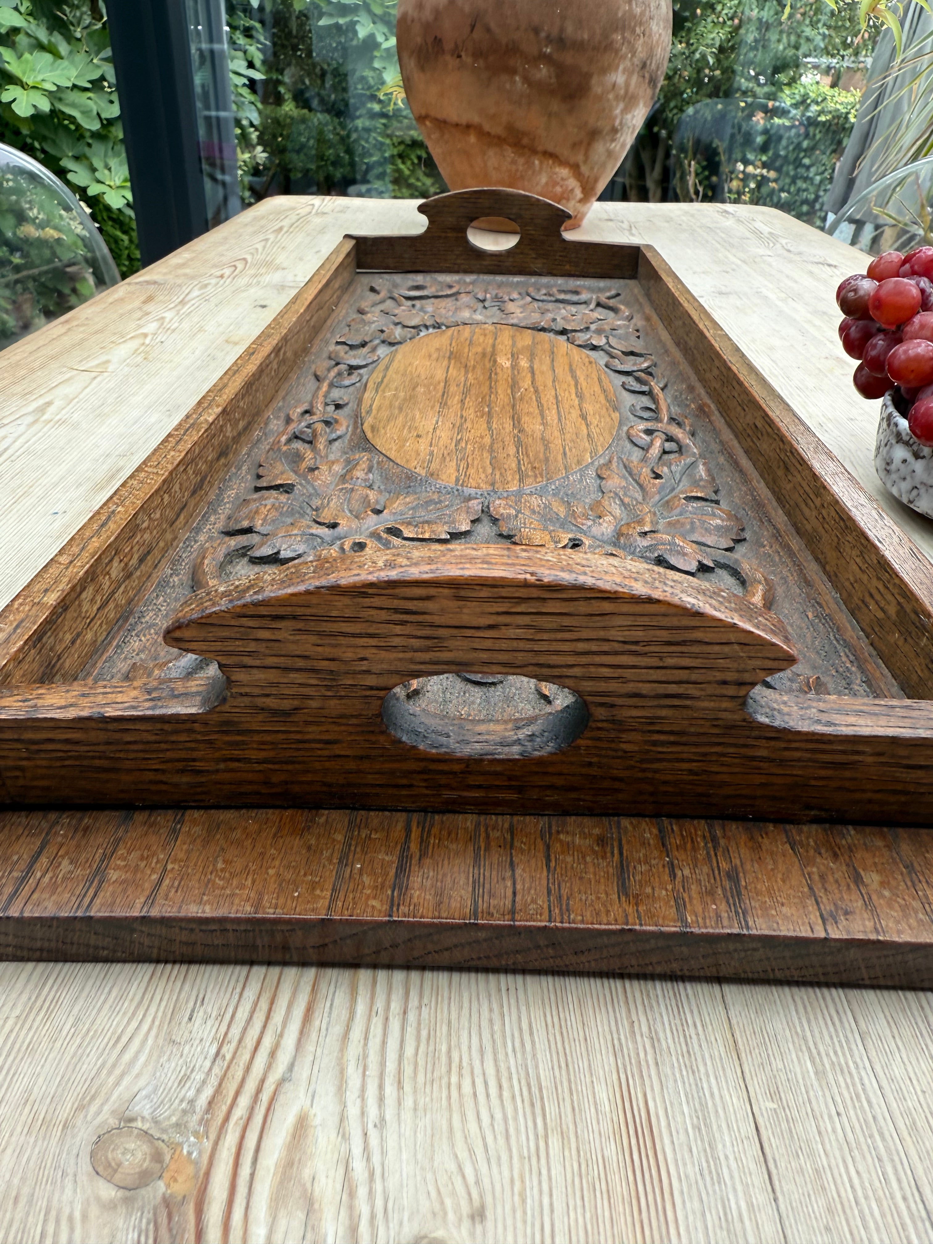 Late 19th Century Arts & Crafts Carved Oak Tray depicting Grapevines
