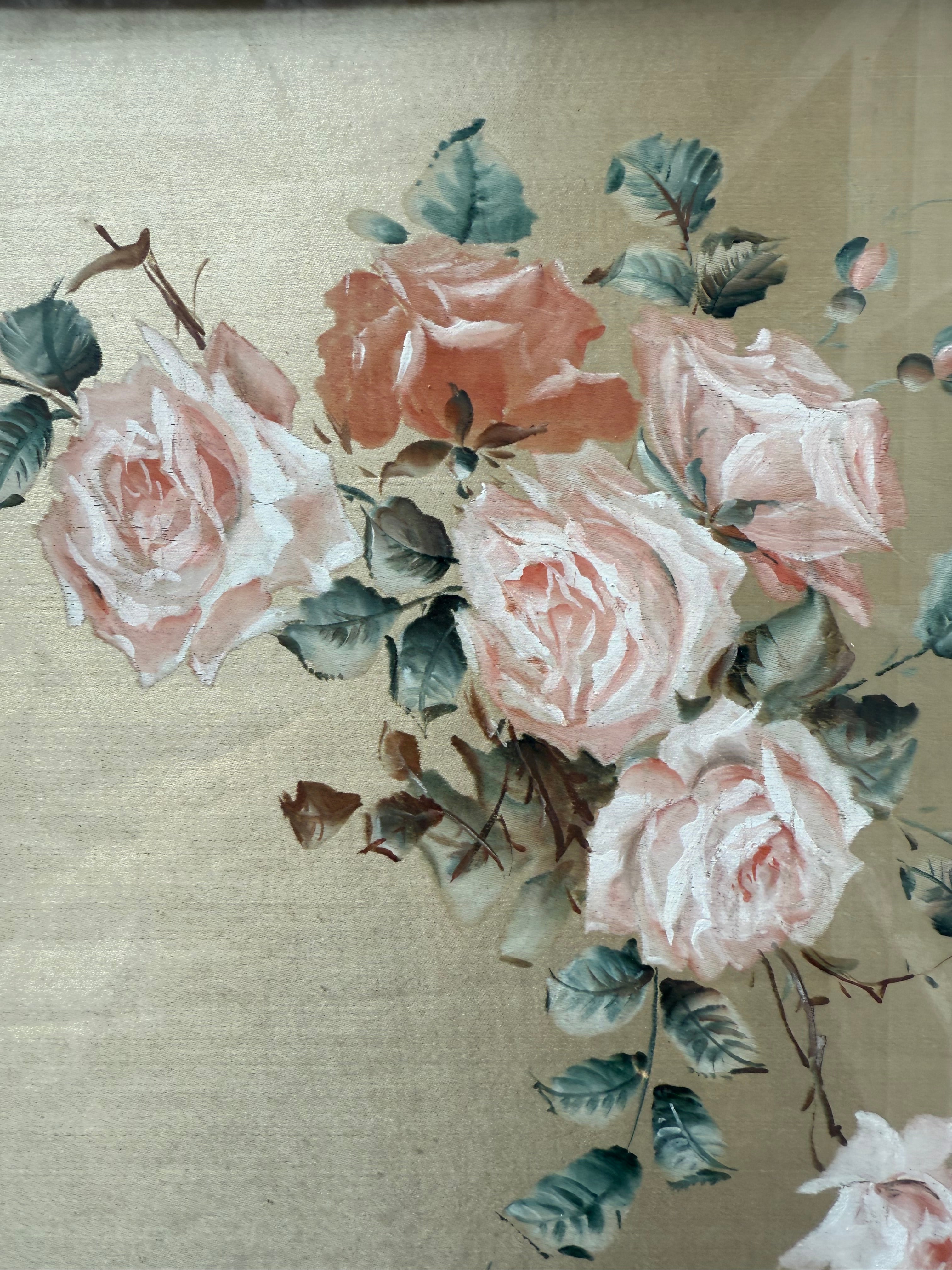 Roses: 19th Century Silk Painting with Gilt Frame