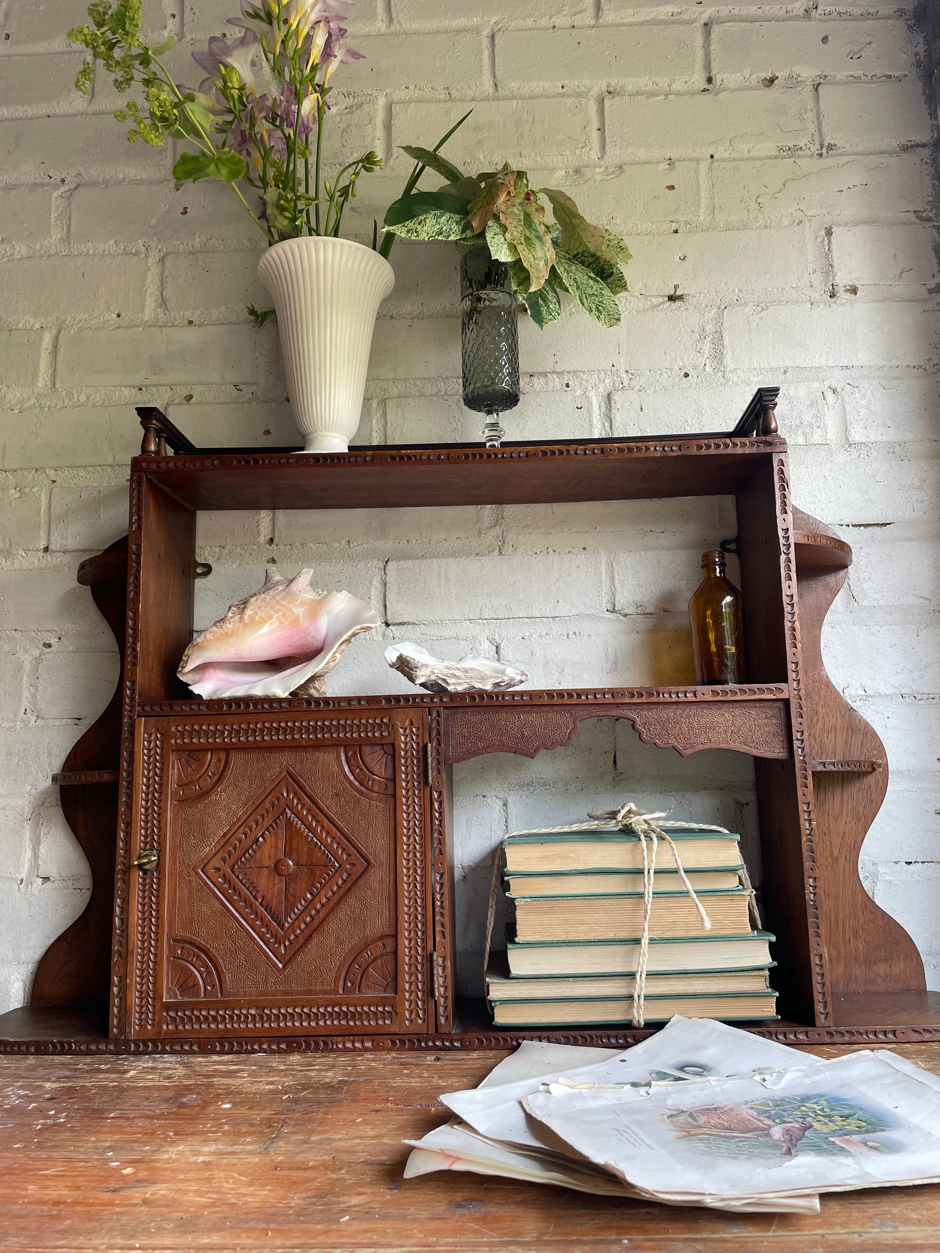 Arts & Crafts Wall Hanging Shelves with Carved Door Circa 1910