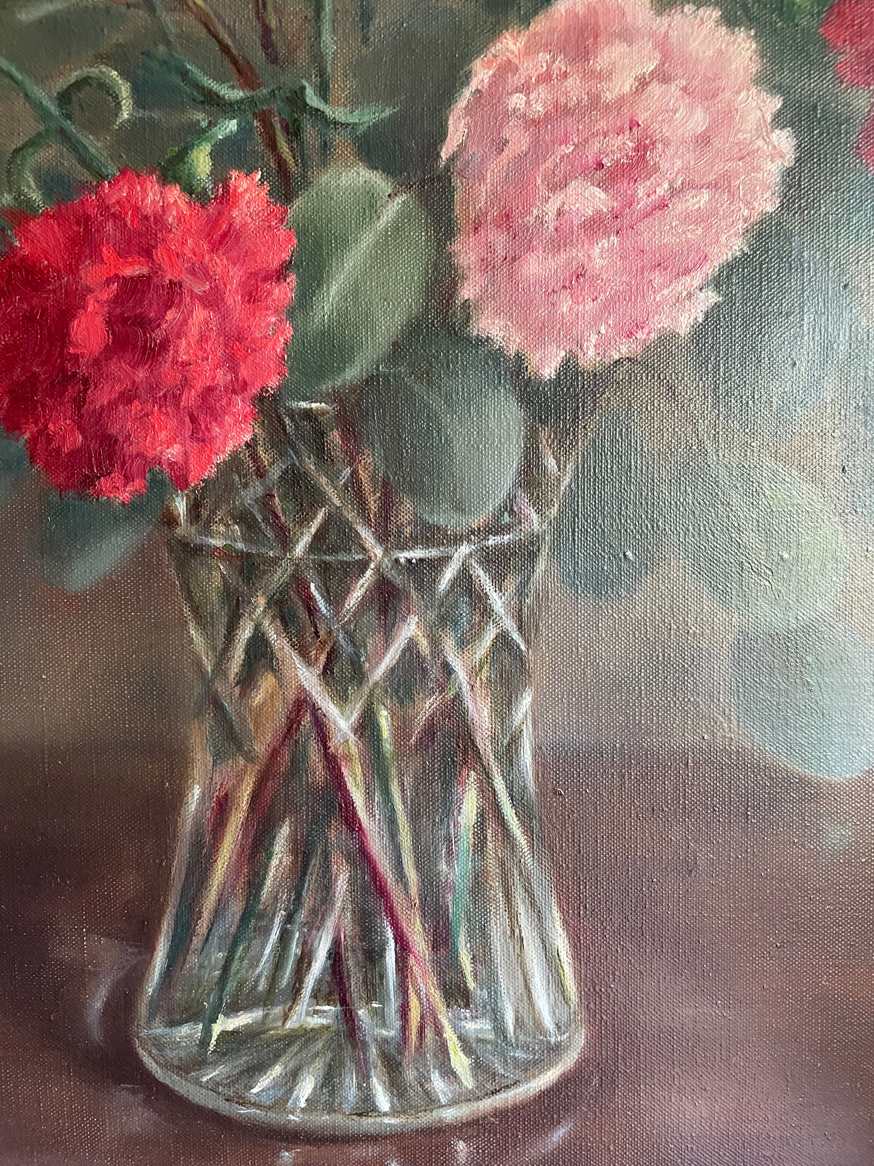 Signed Midcentury Floral Oil on Canvas in Reds & Pinks: Was £105 now £73.50 at checkout