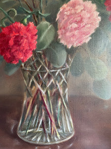 Signed Midcentury Floral Oil on Canvas in Reds & Pinks: Was £105 now £73.50 at checkout