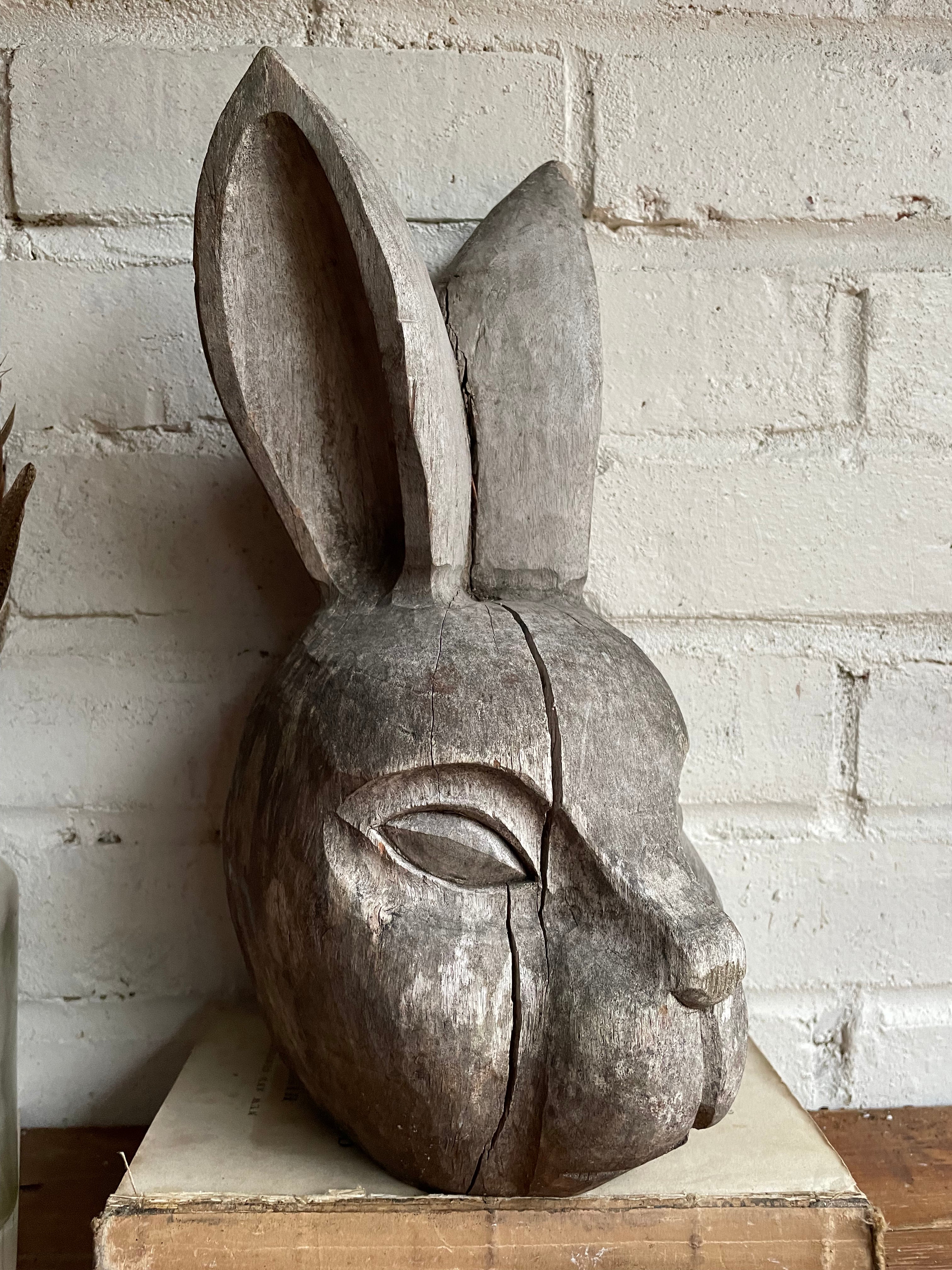 Large French Wood Hare Sculpture