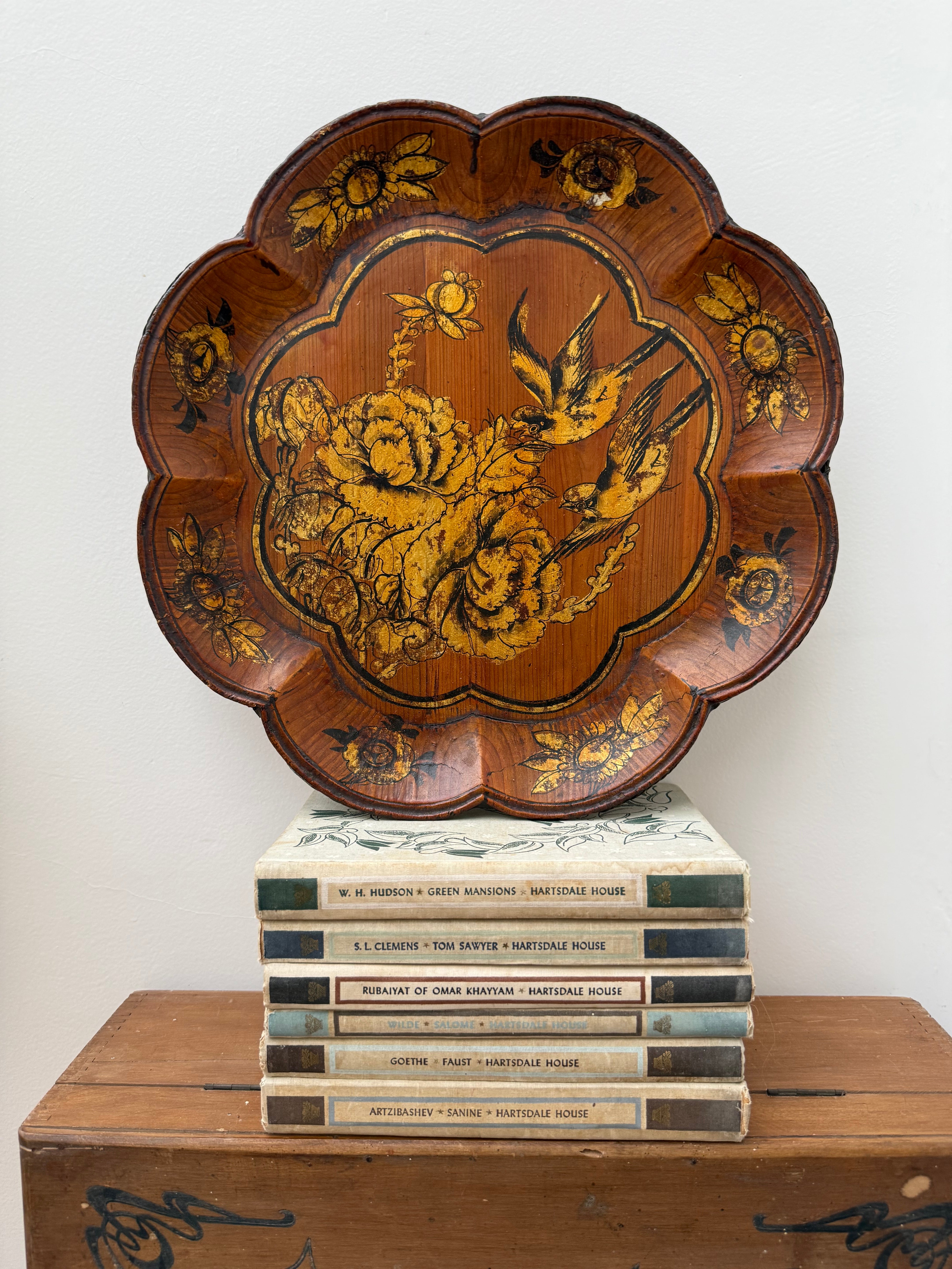 Circa 1890s: Handpainted Gold Leaf Chinese Scalloped Tray With Birds & Flowers