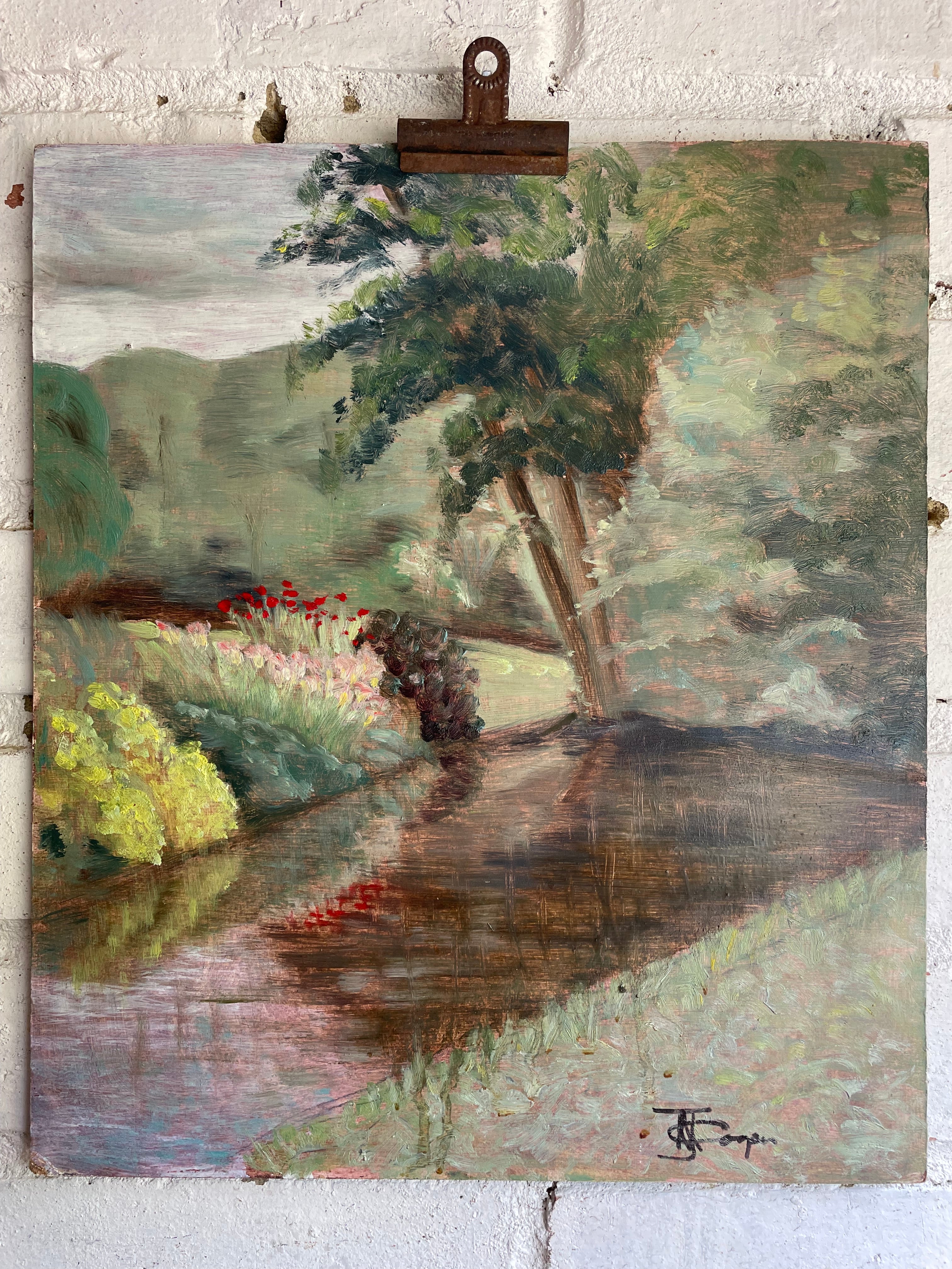 Waterside Reflection: Signed Oil on Board