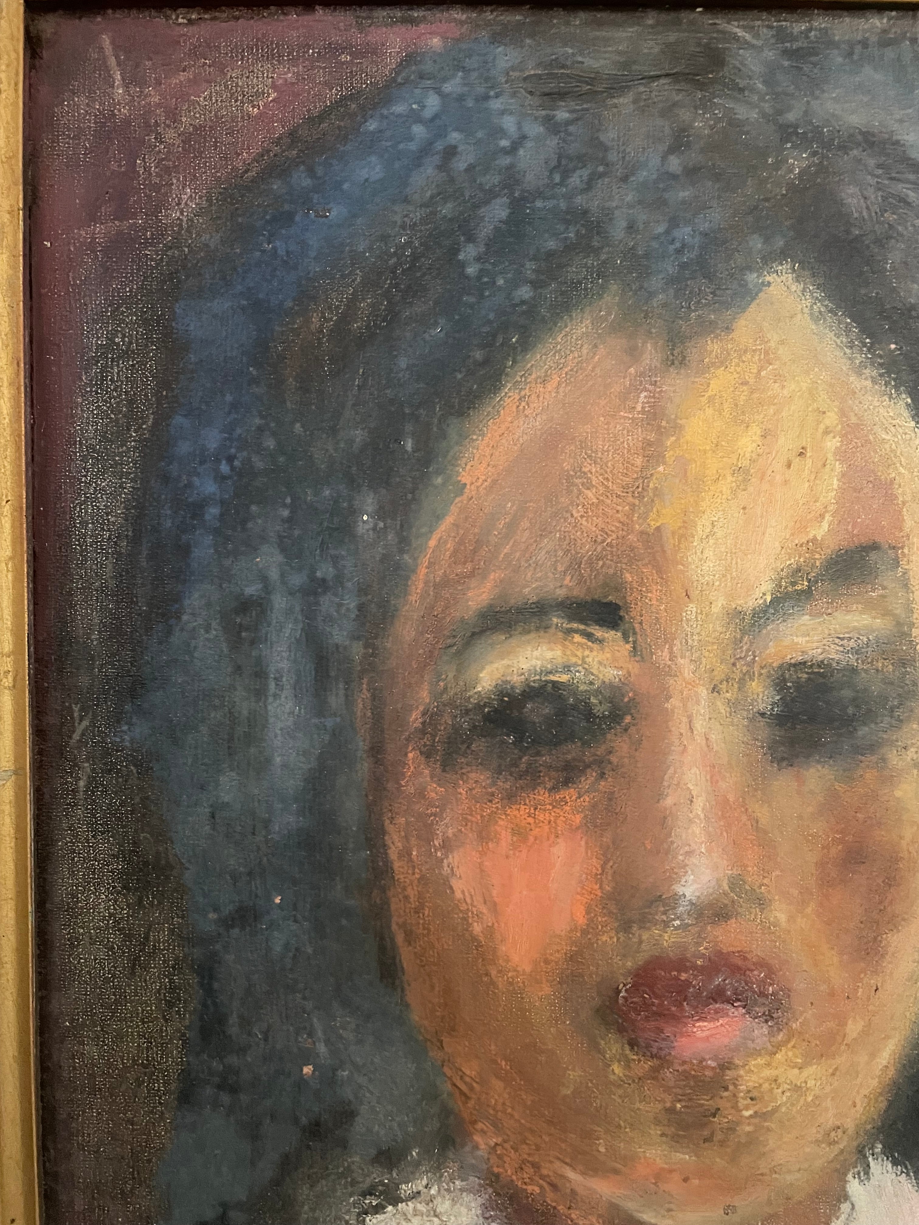 Impressionist Style Portrait with Feather Cape: Mid 20th Century Oil on Board