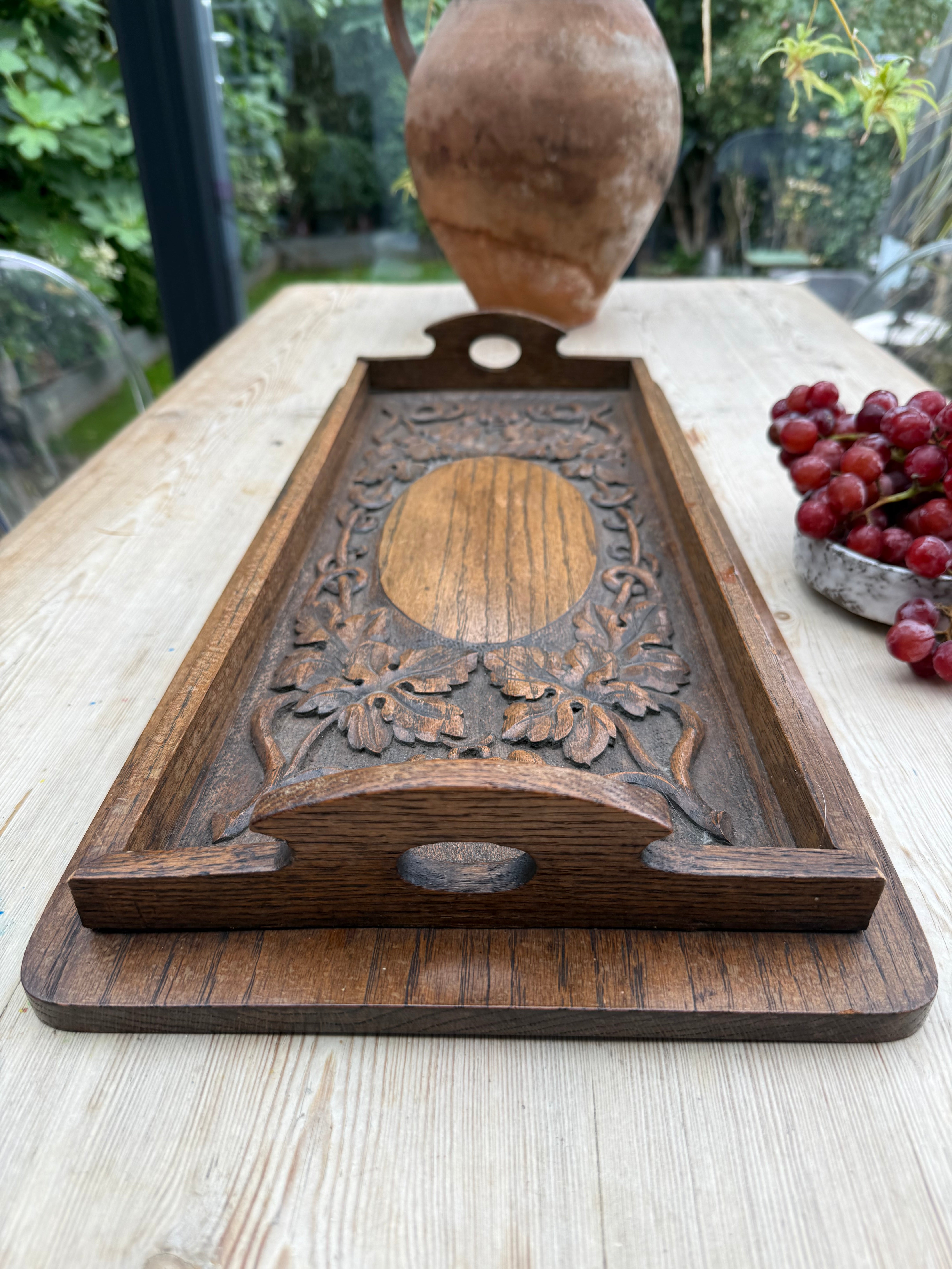 Late 19th Century Arts & Crafts Carved Oak Tray depicting Grapevines