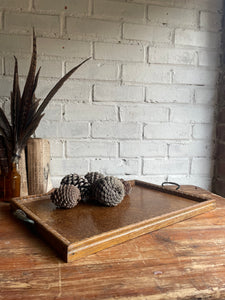 Edwardian Wood Tray with Iron Handles & Carved Decorative Detail