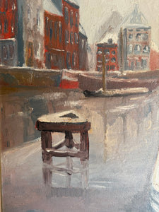 Flemish Canalscape: Large Midcentury Oil Painting