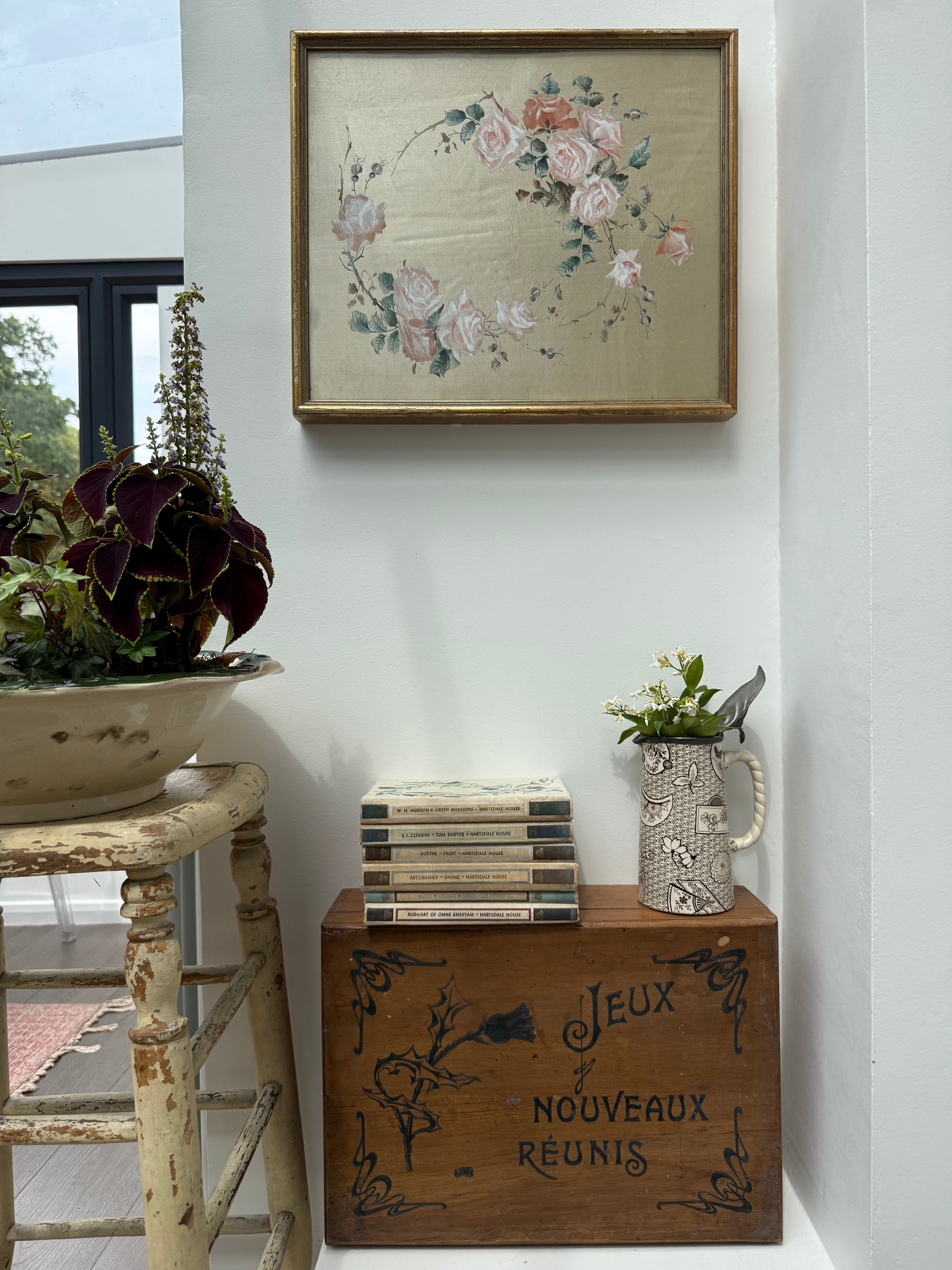 Roses: 19th Century Silk Painting with Gilt Frame