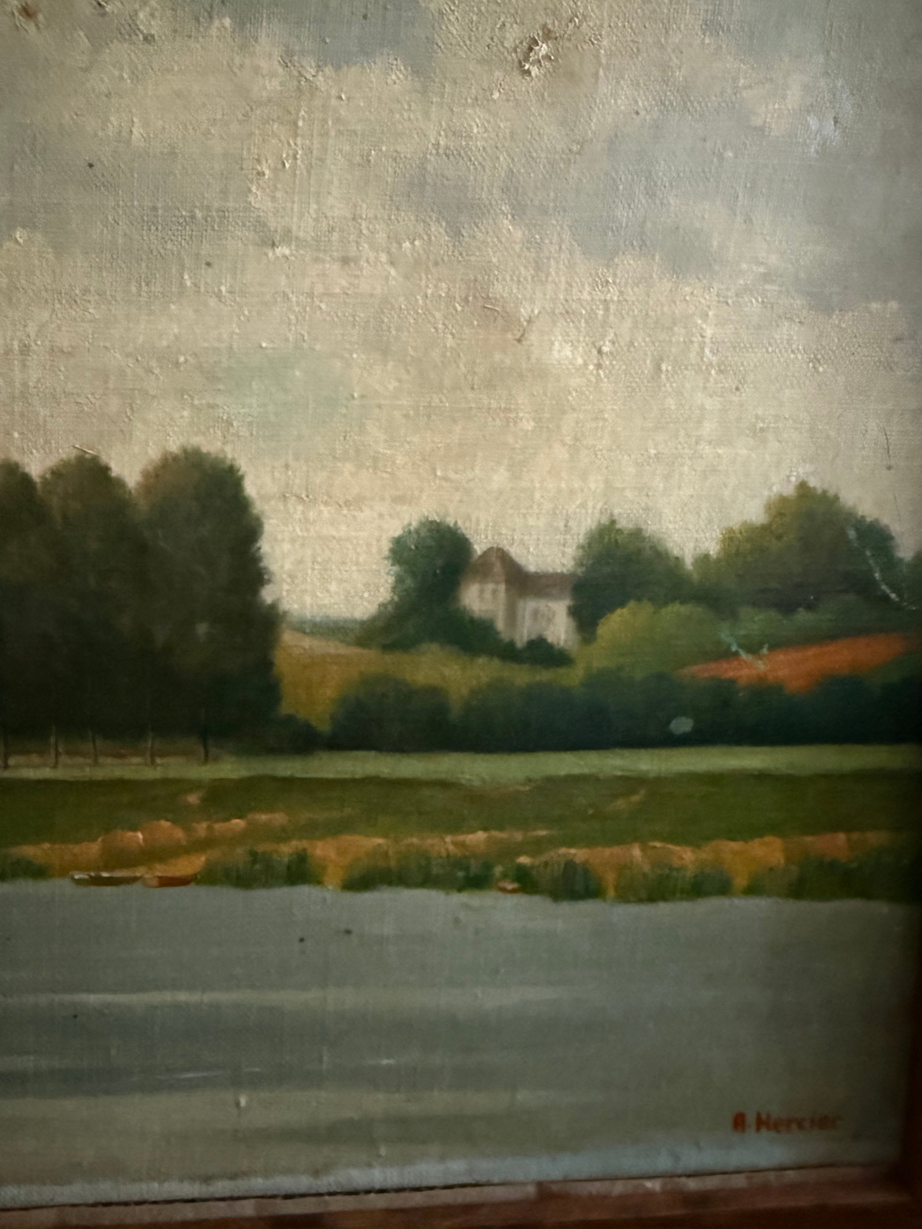 Early 1900s Signed Atmospheric Landscape Oil on Canvas