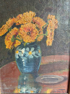 Still Life with Crysanthemums: 1930s French Oil on Board with Original Carved Wooden Frame