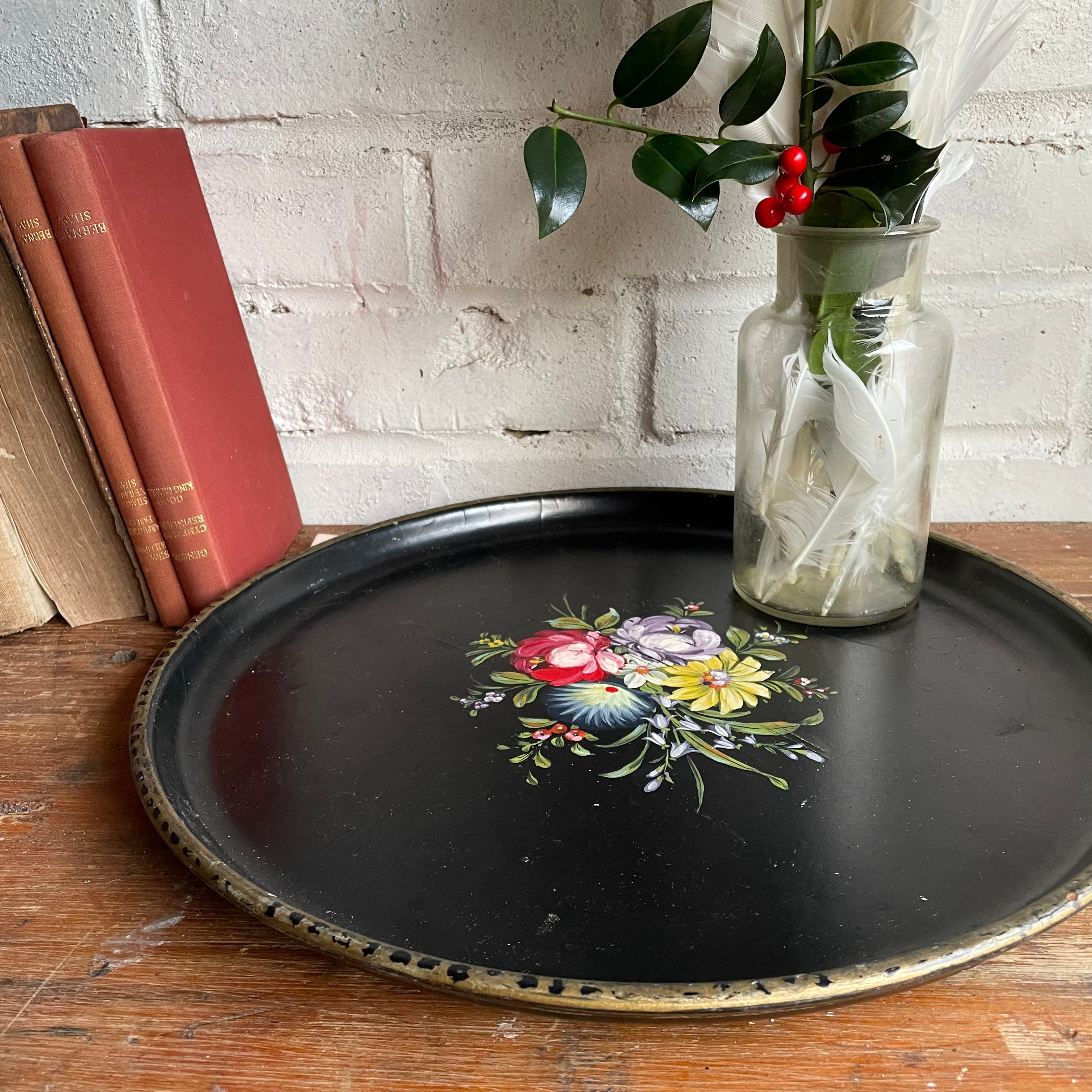 Large Floral Hand-Painted Wooden Tray