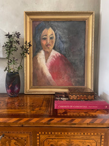 Impressionist Style Portrait with Feather Cape: Mid 20th Century Oil on Board