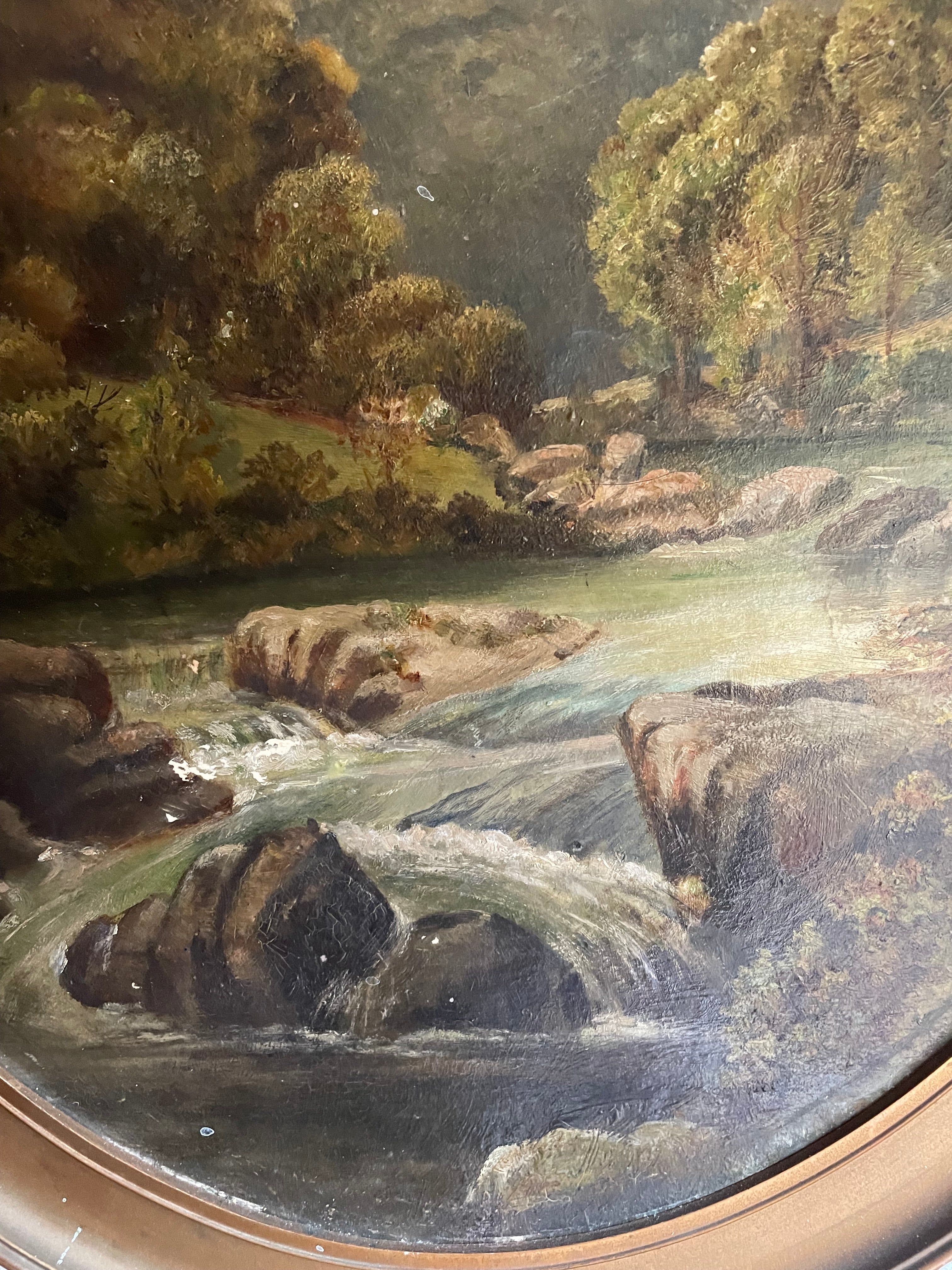 River Rapids: Early 1900s Oil on Wood with Gilt Frame