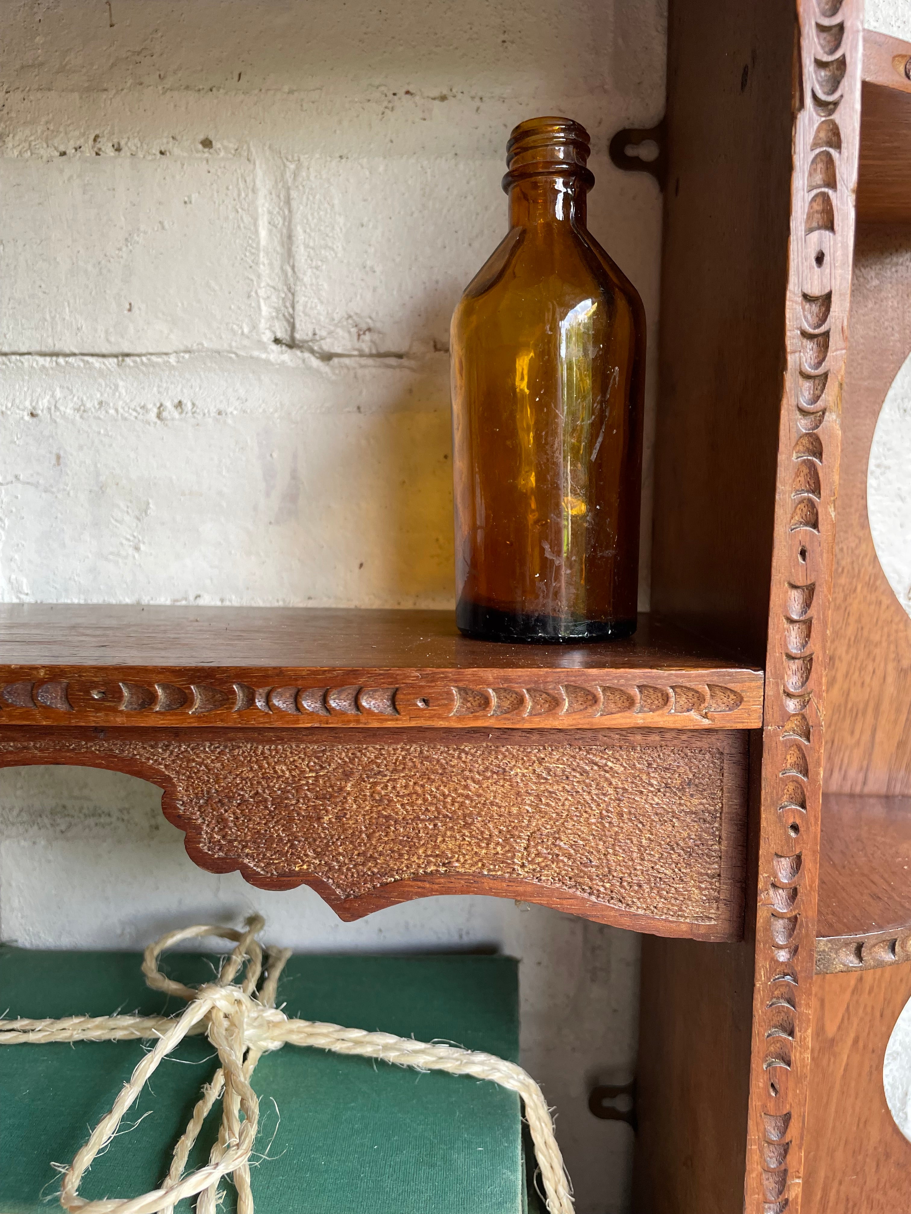 Arts & Crafts Wall Hanging Shelves with Carved Door Circa 1910