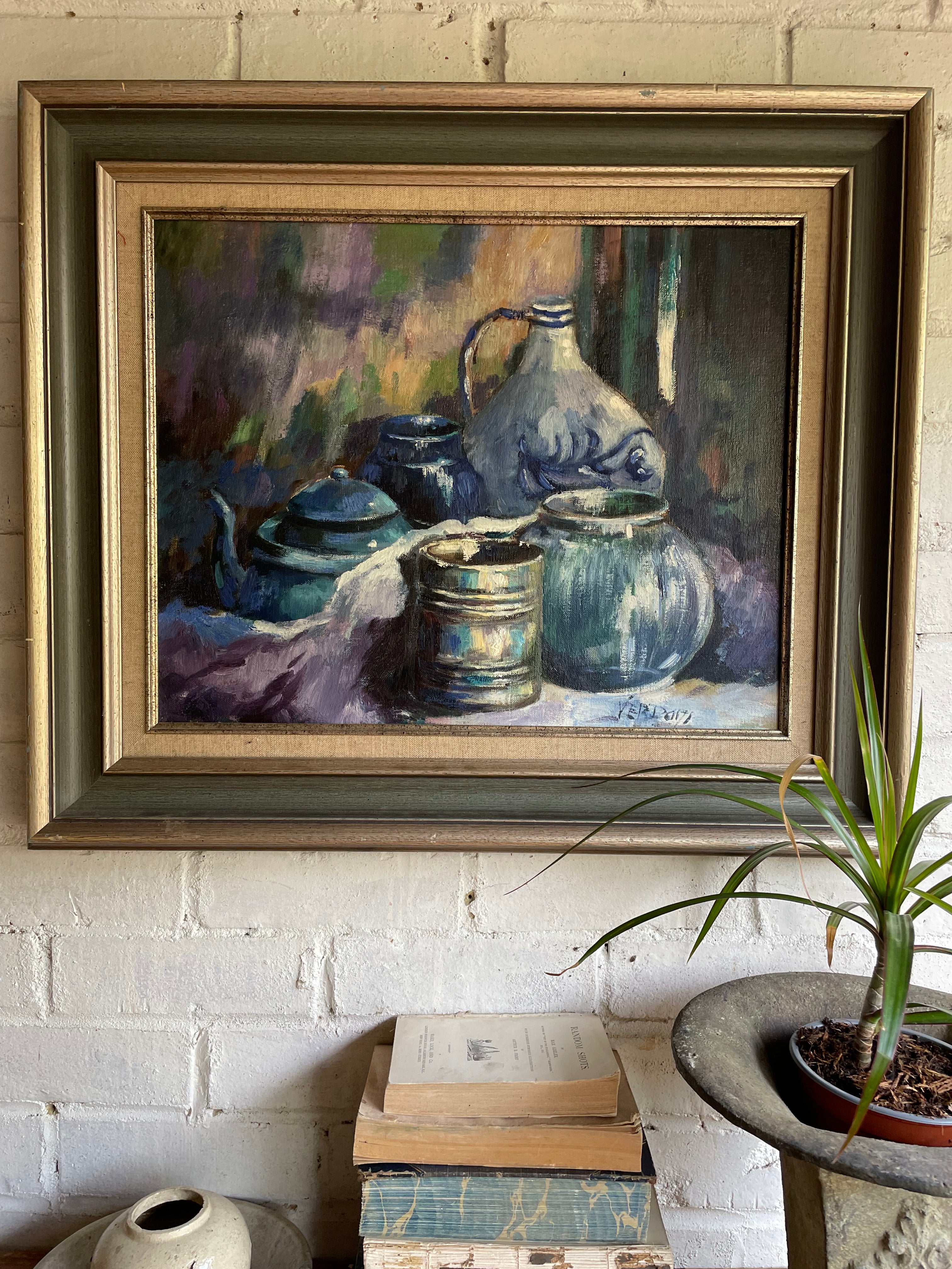 Still Life in Blue: Midcentury Oil on Canvas