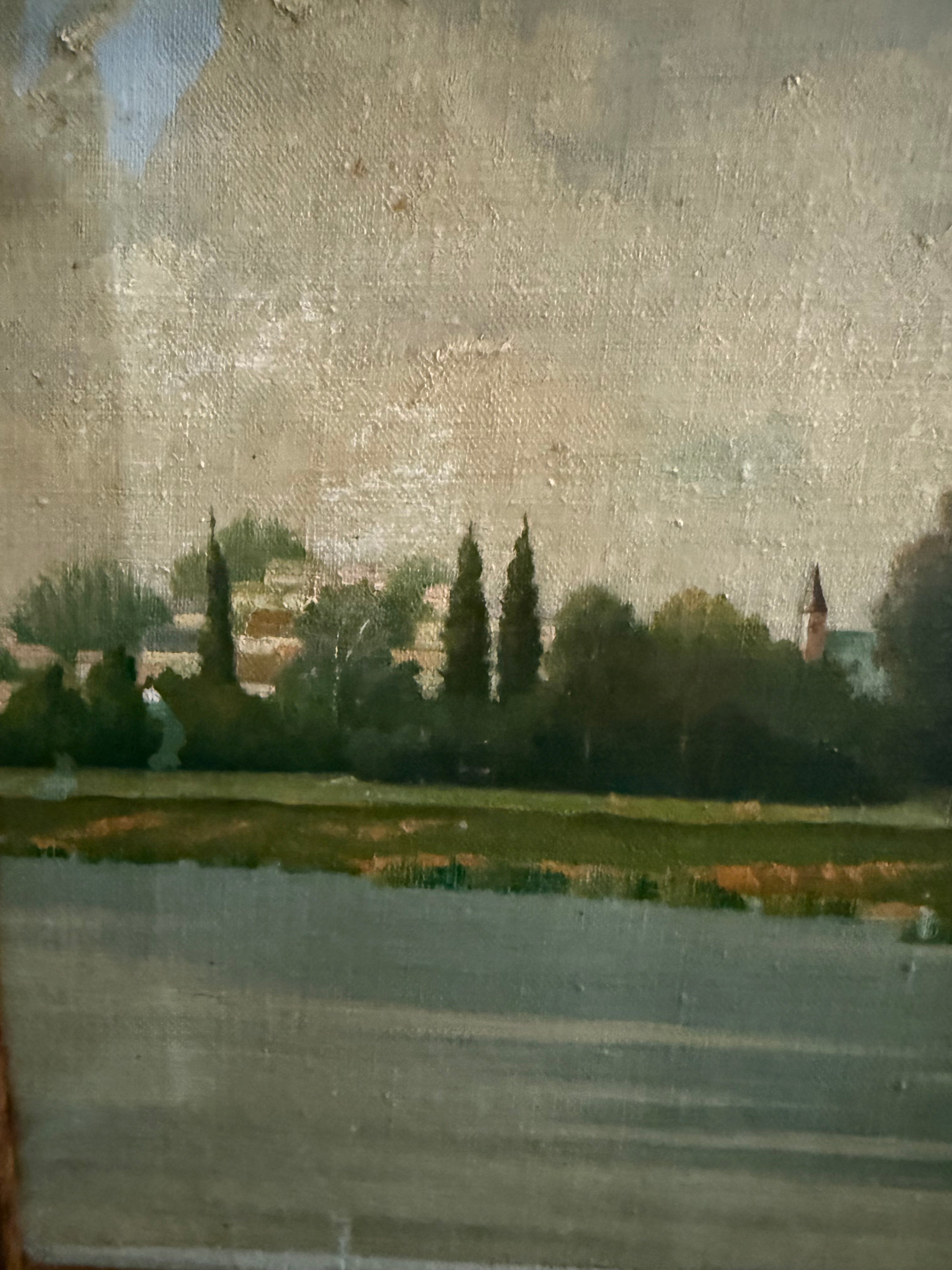 Early 1900s Signed Atmospheric Landscape Oil on Canvas