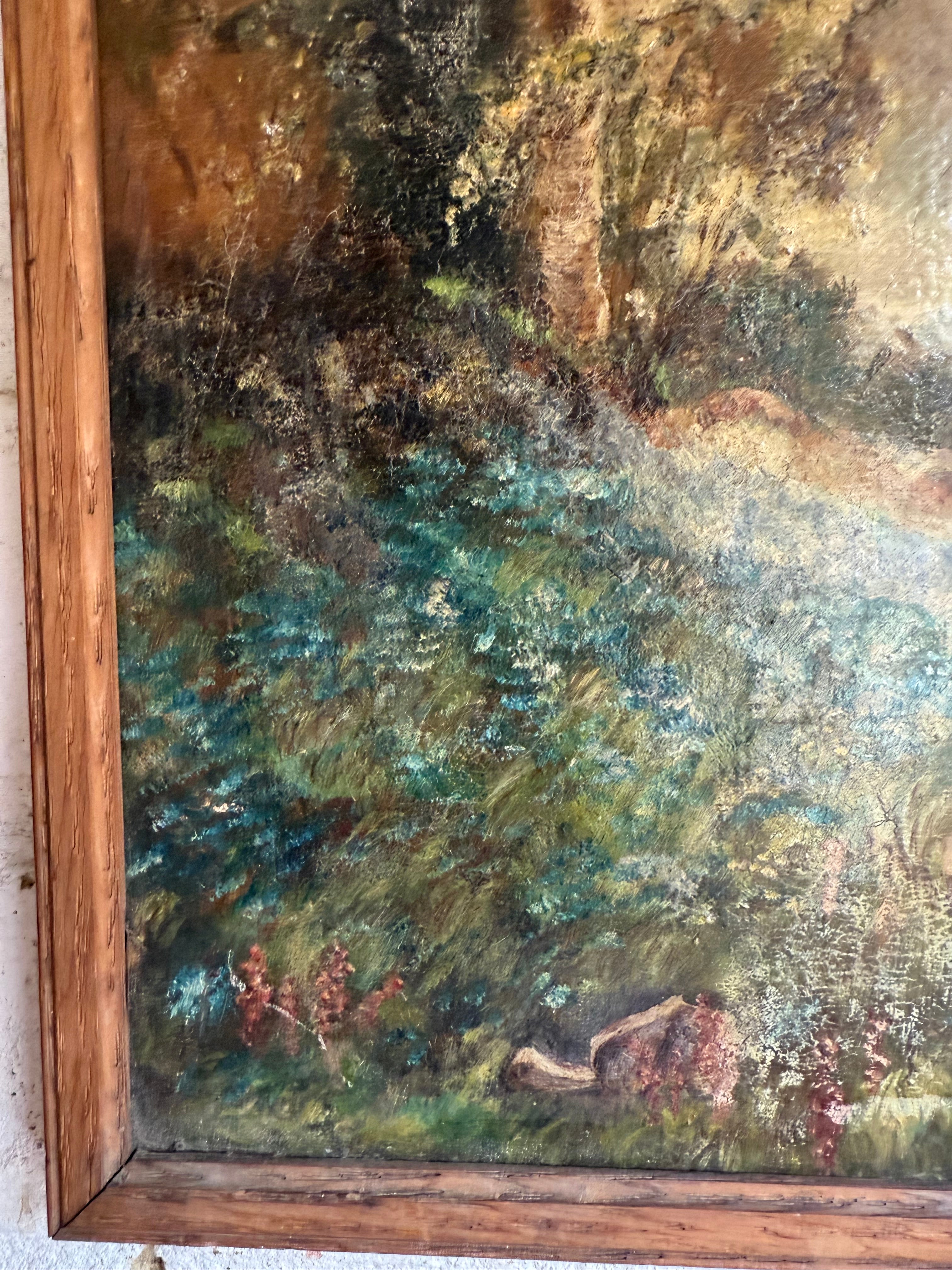 Early 20th Century Oil on Board In Oak Frame: Moody Forest